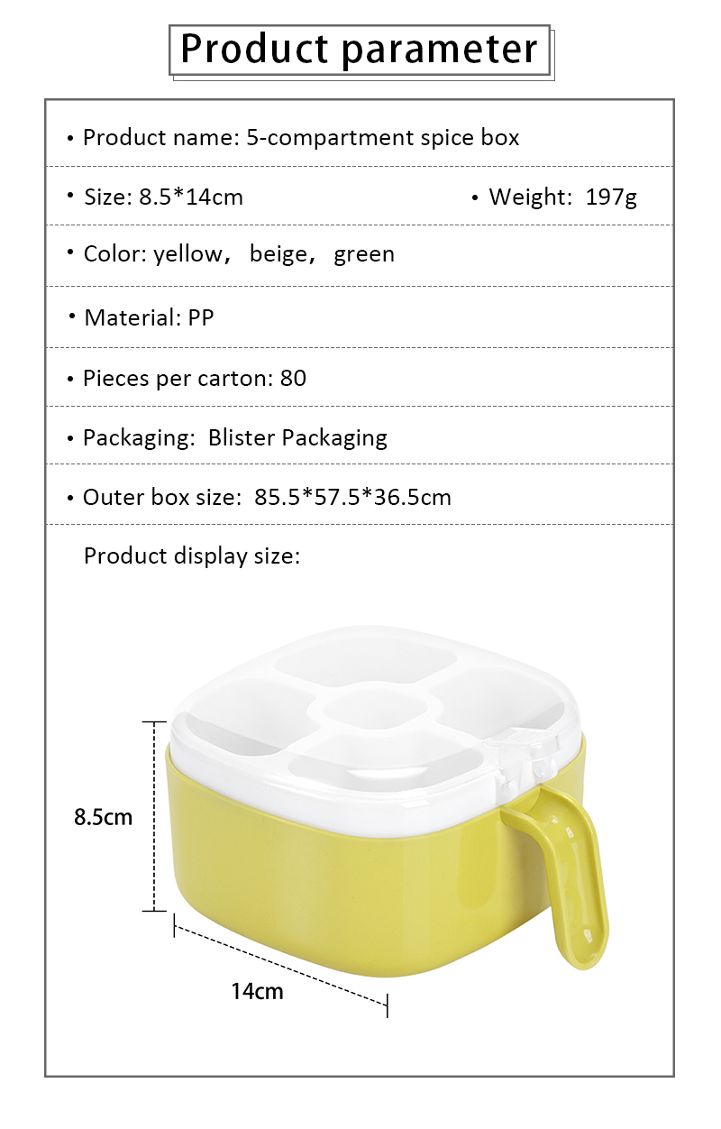 Wholesale 5 Compartment Spice Box with Spoon Eco-Friendly PP Plastic with Lid Hot Kitchen Supplies factory