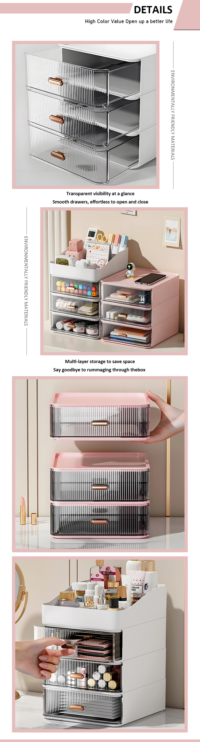 Makeup Skincare Lipstick Organizer Drawer Type Combination Desktop Stacking Storage Box factory