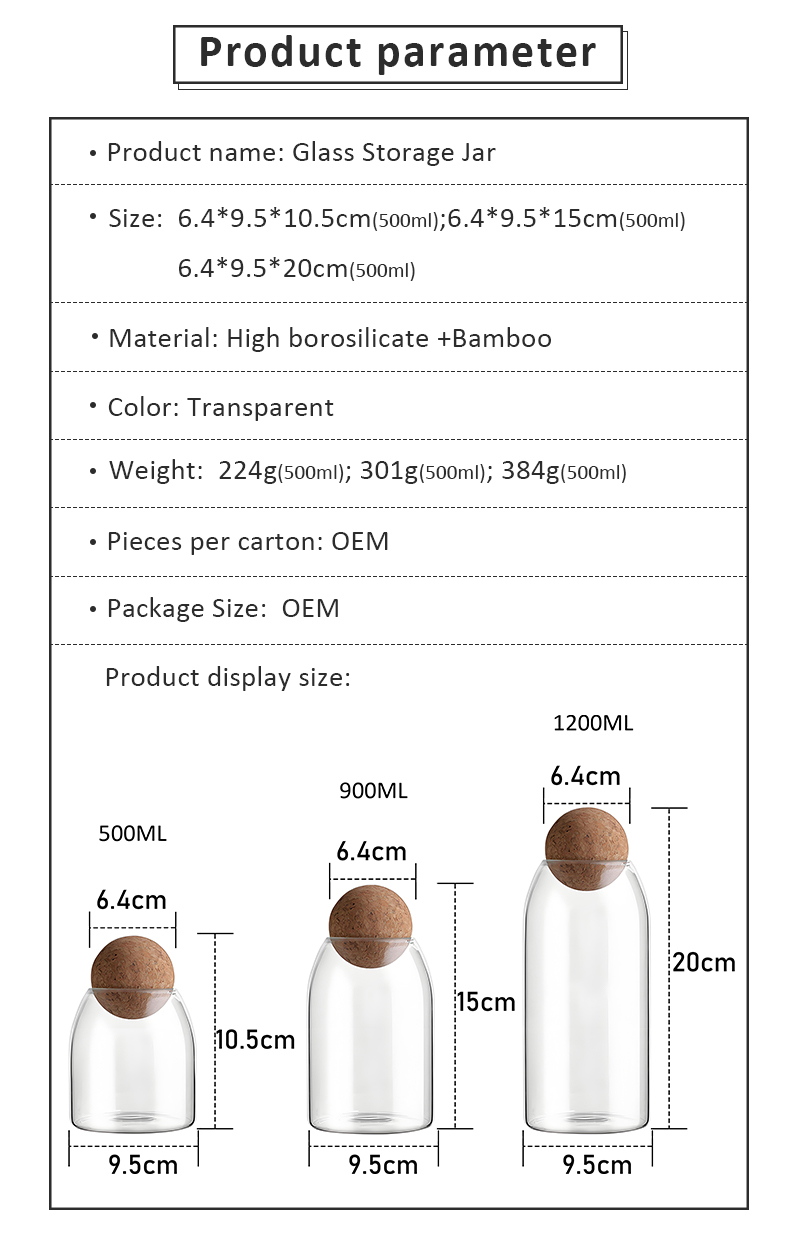 500/800/1200 Ml Multiple Size Food Container Kitchen Storage Glass Jar with Wood Ball Lid factory