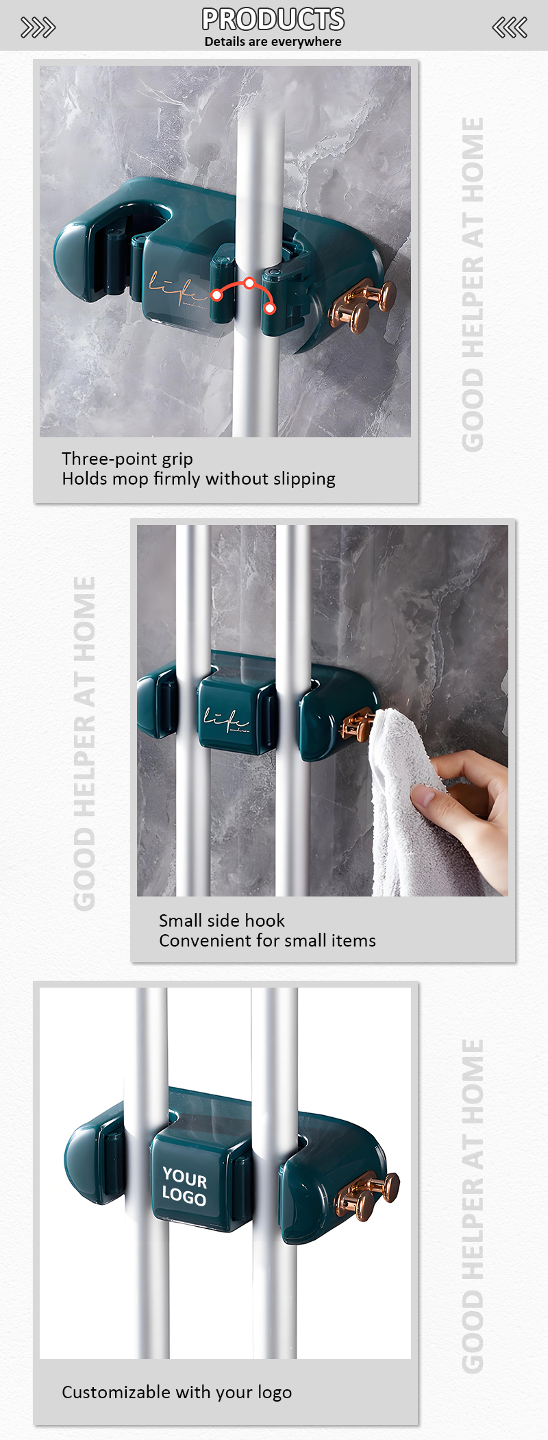 Hot Home Multifunctional Wall-Mounted Bathroom Storage Racks Hole-Free Plastic Rag Hooks Broom Mop Clip Storage for Kitchen Use manufacture