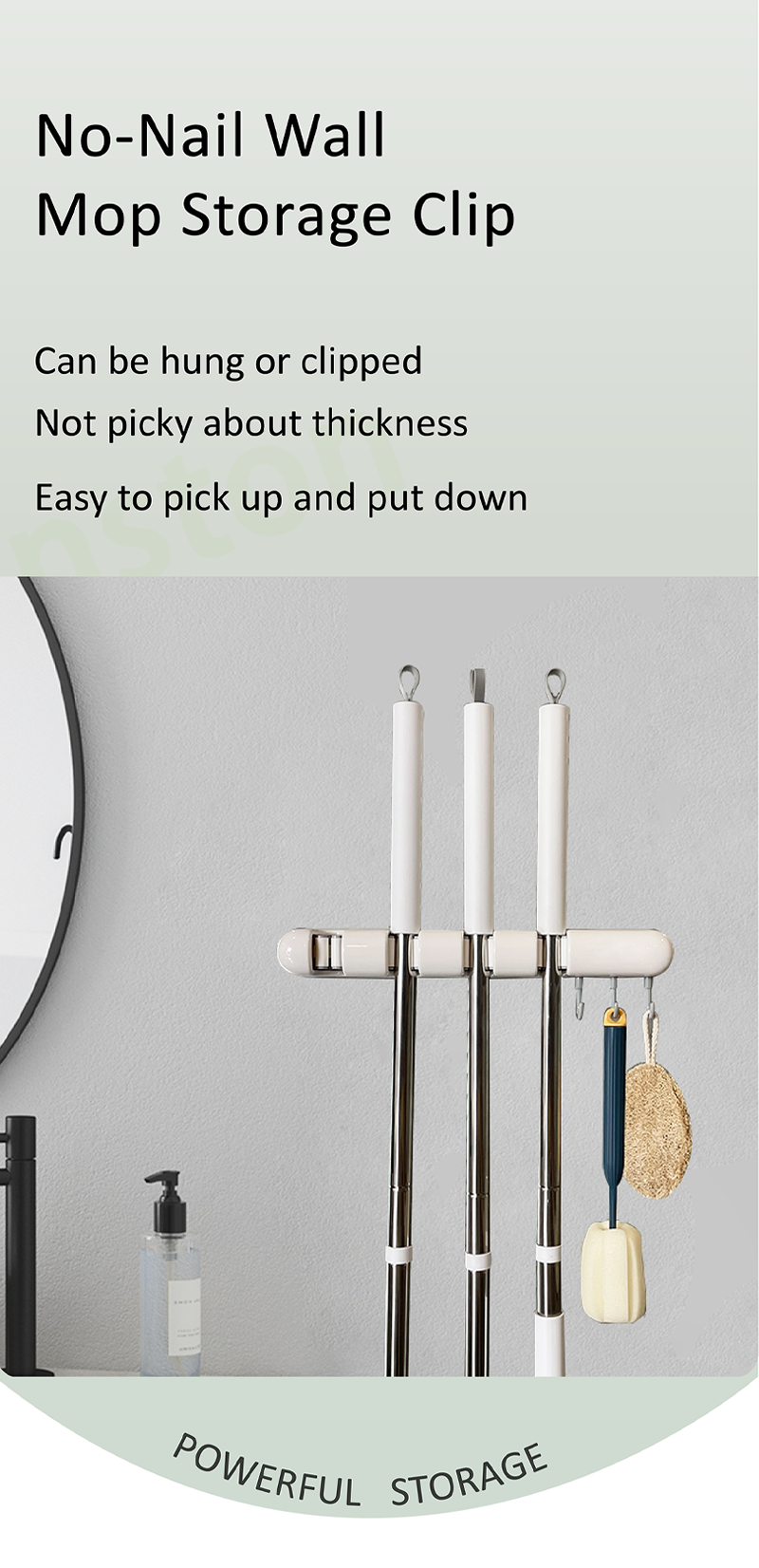 Hot Sale Plastic Wall Mounted Hole-free with Hooks Broom Mop Storage Rack Bathroom Bathroom Balcony factory
