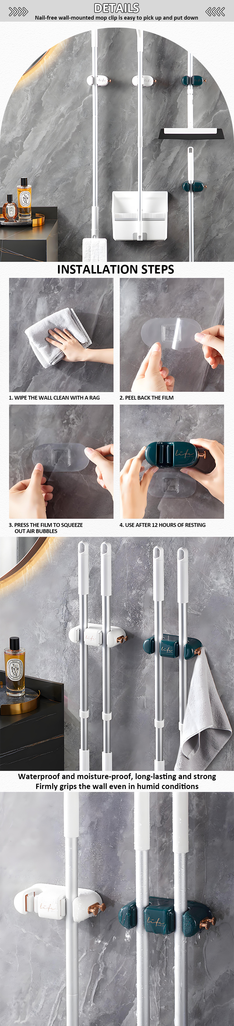 Hot Home Multifunctional Wall-Mounted Bathroom Storage Racks Hole-Free Plastic Rag Hooks Broom Mop Clip Storage for Kitchen Use factory