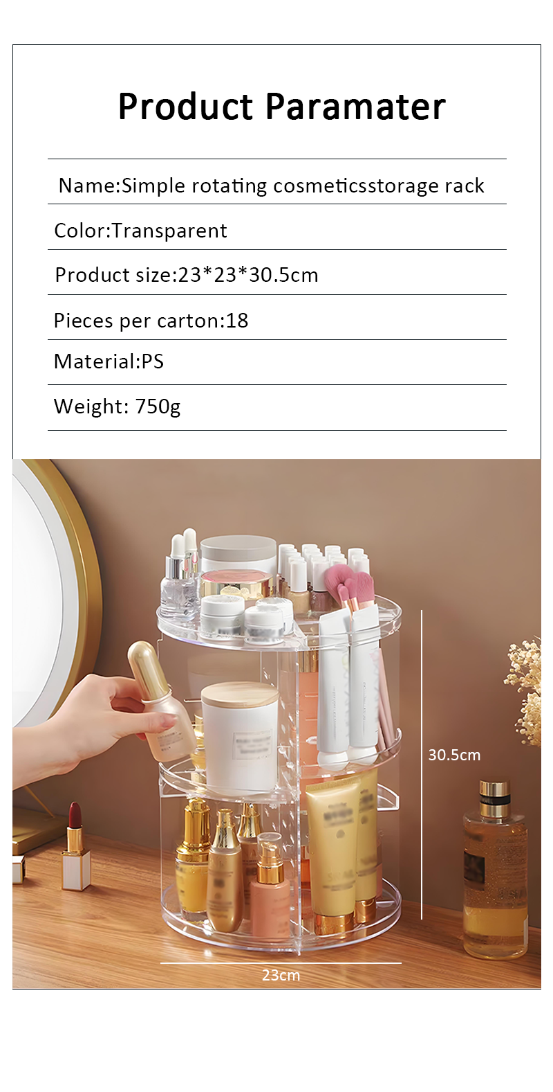Promotional 360 Degree Rotating Transparent Plastic Cosmetic Organizer Removable Makeup Storage Box details