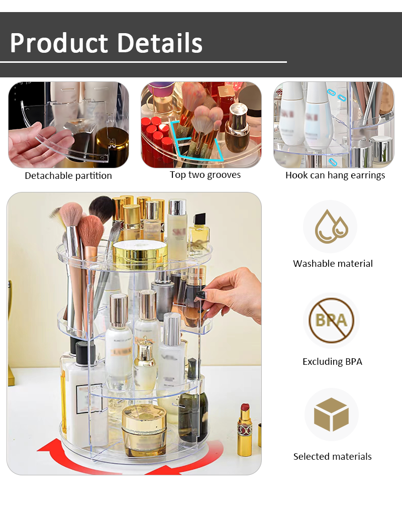 Promotional 360 Degree Rotating Transparent Plastic Cosmetic Organizer Removable Makeup Storage Box details