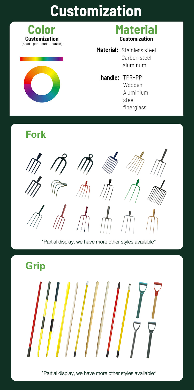 Hot Sale Garden Hand Tools Steel D Grip Wood Handle Digging Fork Spade with Four Teeth Garden details