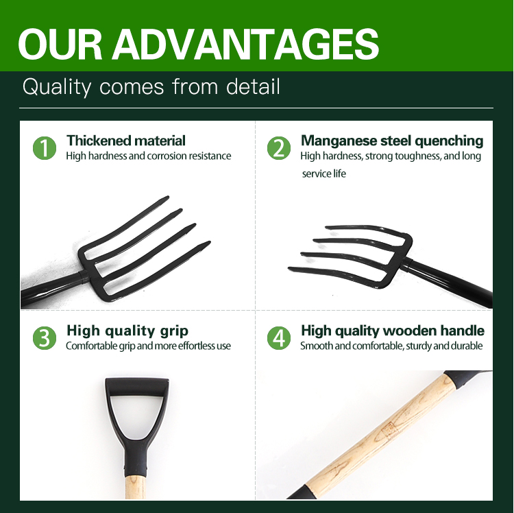 Hot Sale Garden Hand Tools Steel D Grip Wood Handle Digging Fork Spade with Four Teeth Garden factory