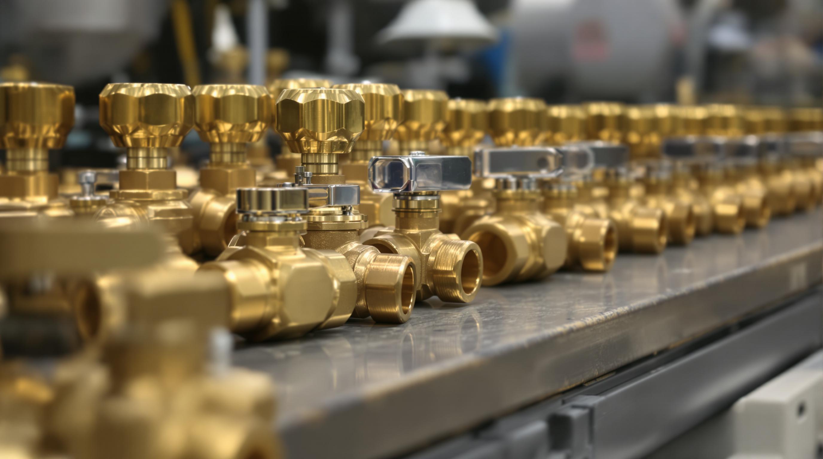 Engineers inspecting lead-free brass ball valves on a production bench