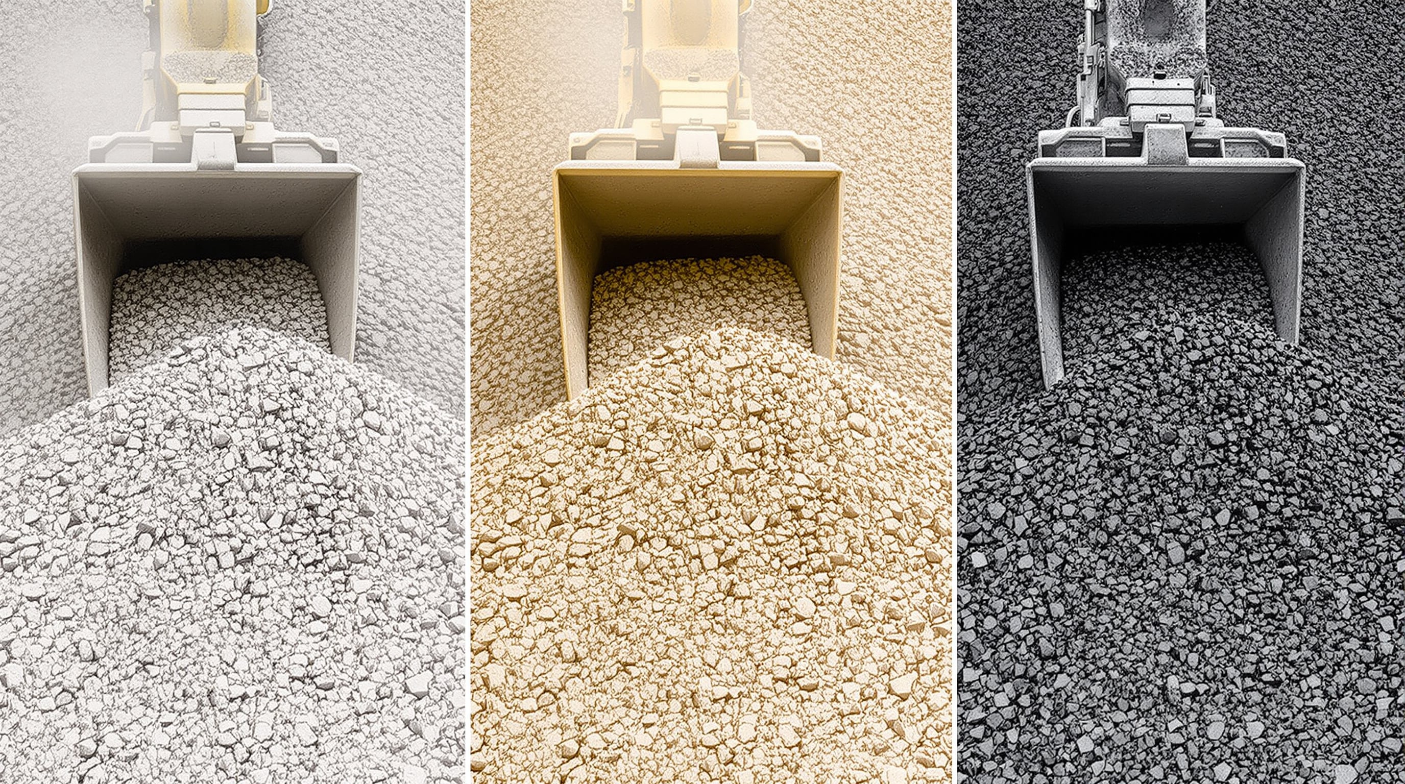 Crusher buckets handling concrete, granite, and asphalt with different fragment piles