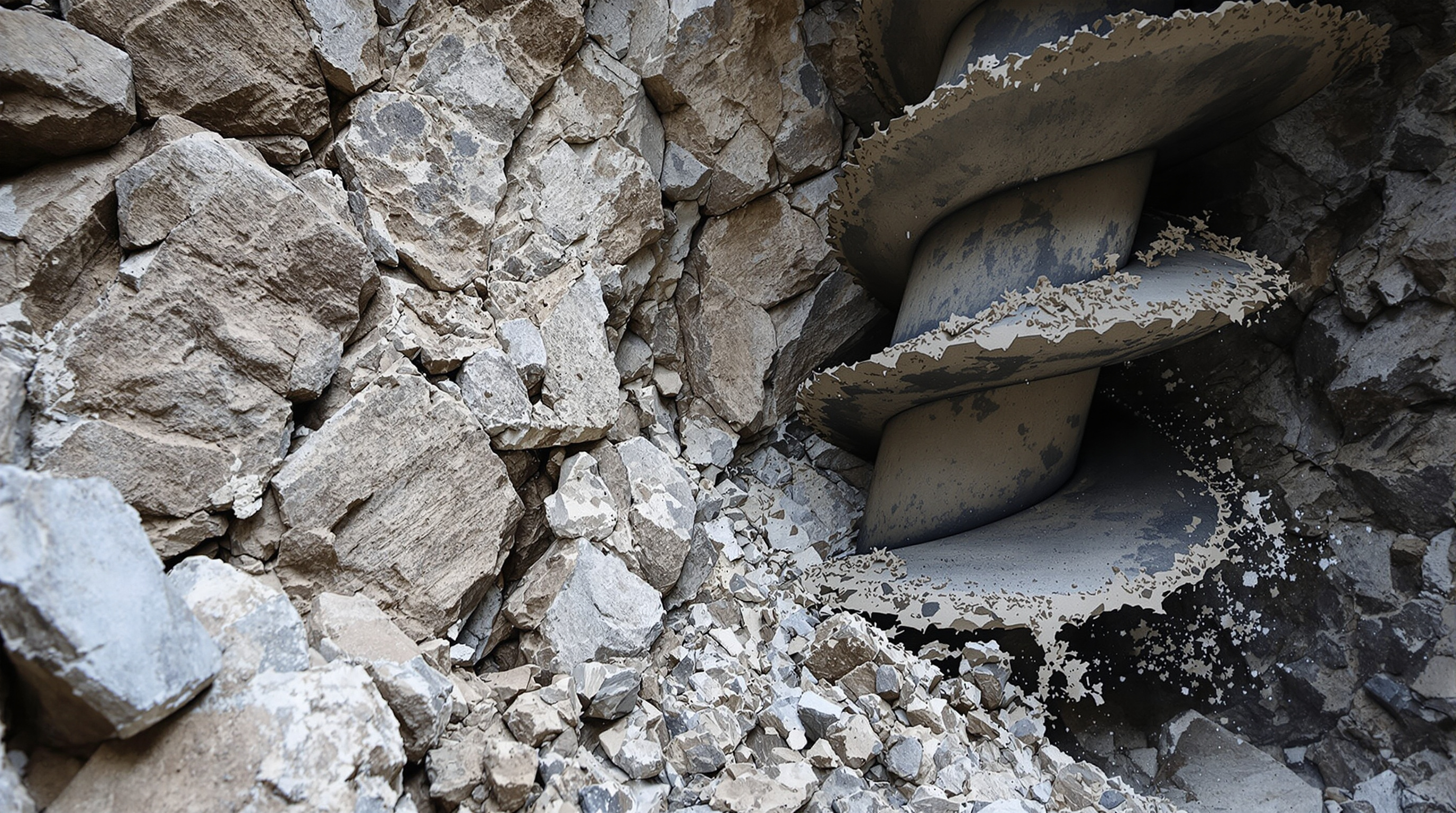 Rock auger with carbide tips drilling into rugged bedrock and ejecting debris