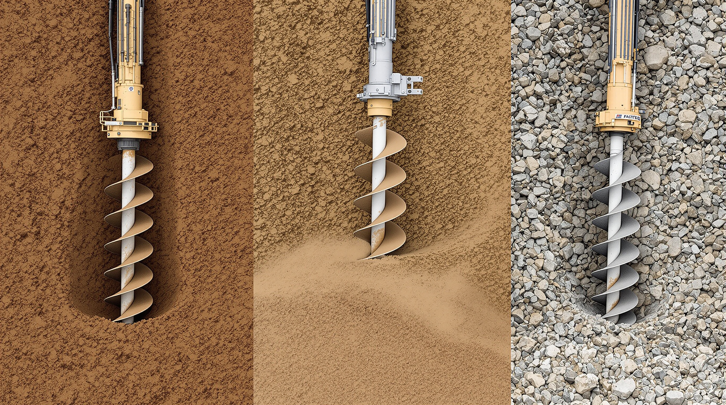 Three excavators using different augers on clay, sand, and rocky soil, illustrating soil-specific auger use