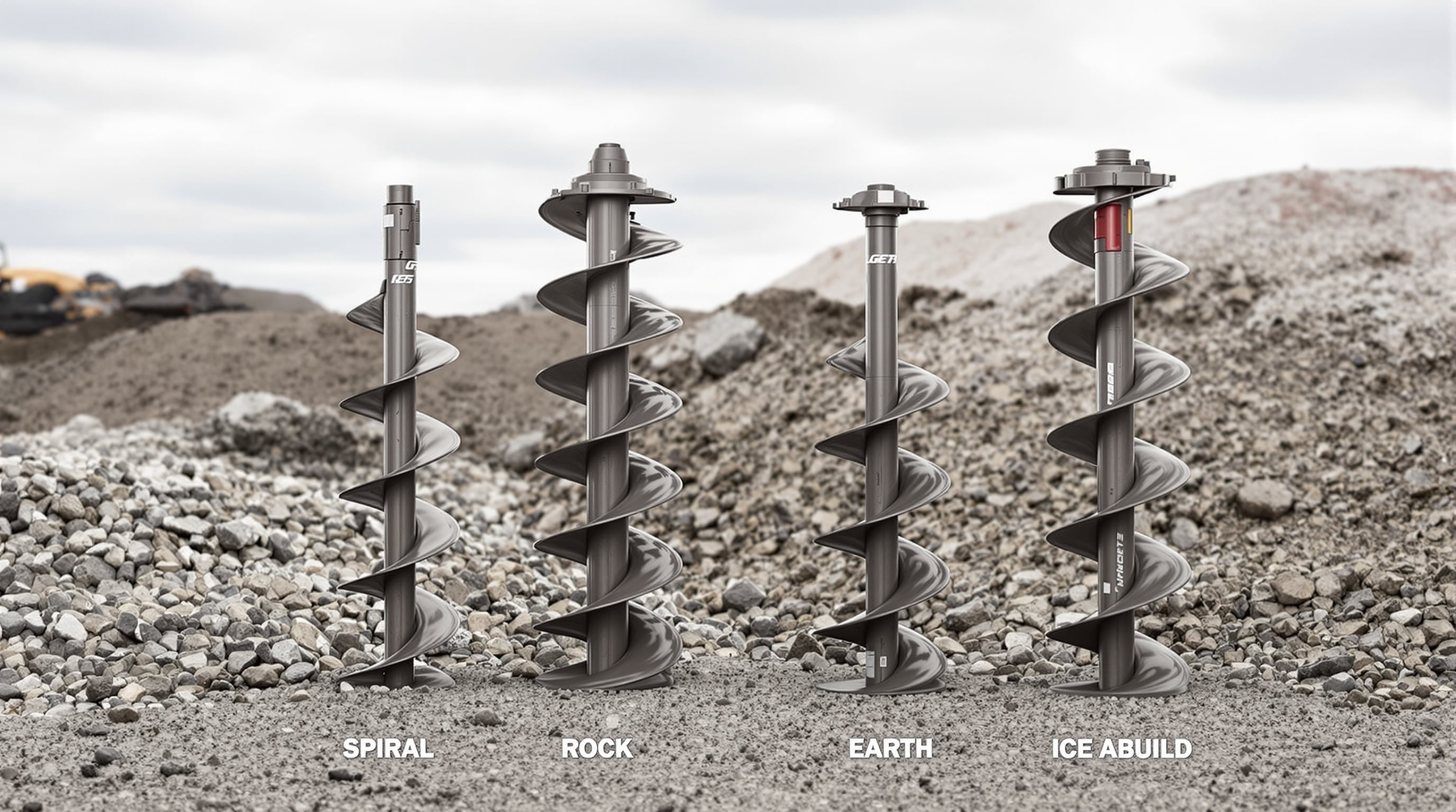 Four types of excavator auger bits—spiral, rock, earth, and ice—displayed on the ground showing differences in design
