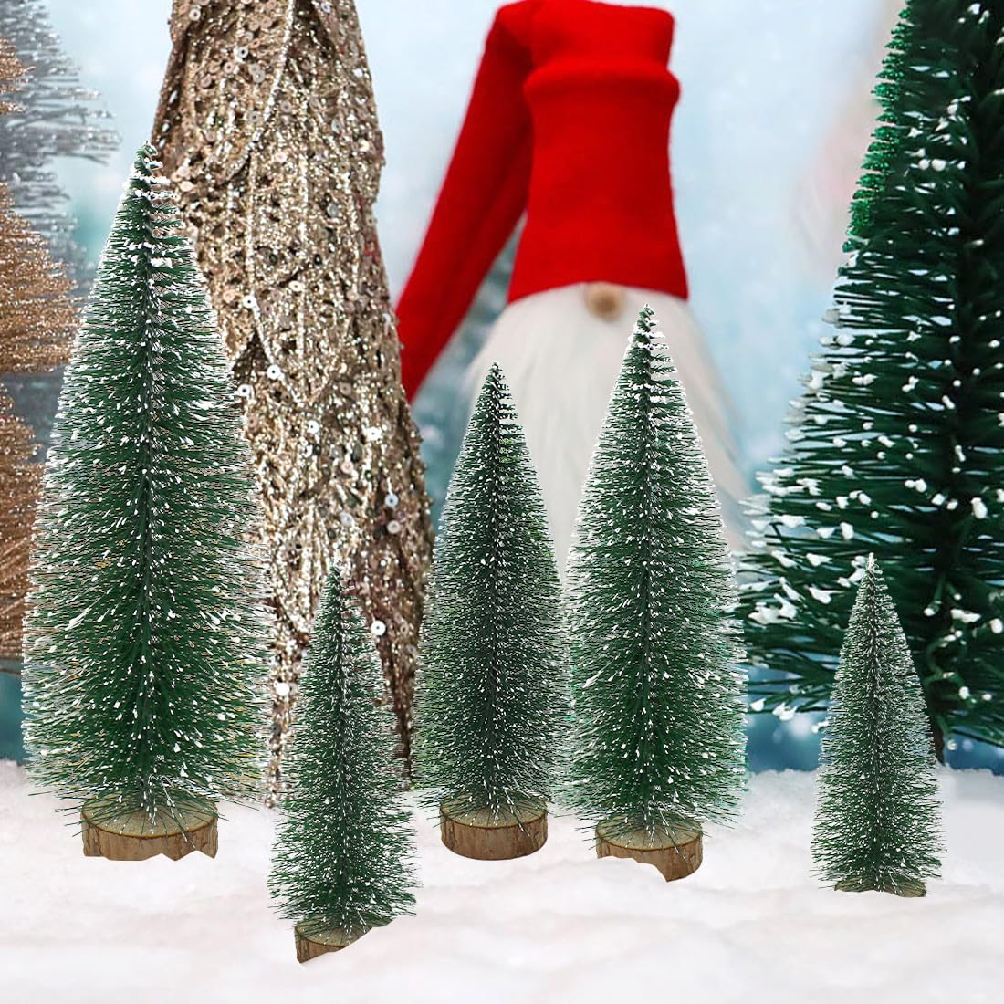 Artificial Tabletop Mini Christmas Village Tree Bottle Brush Trees with Wooden Base for Christmas Party Home Table Craft details