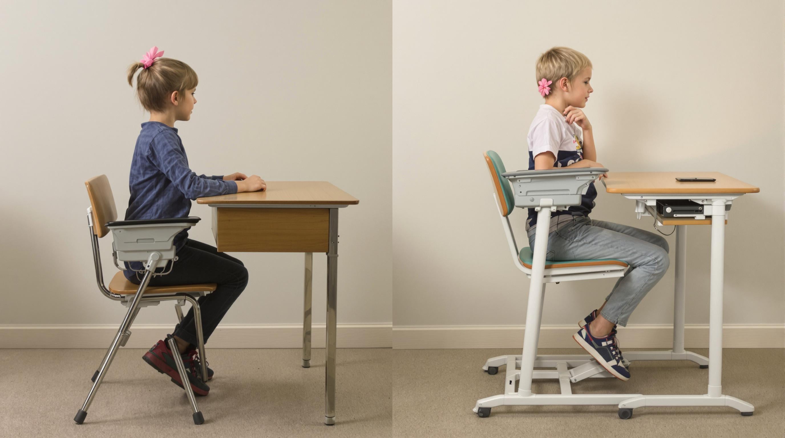 Side-by-side comparison of poor posture at an old desk and good posture at a modern ergonomic student desk