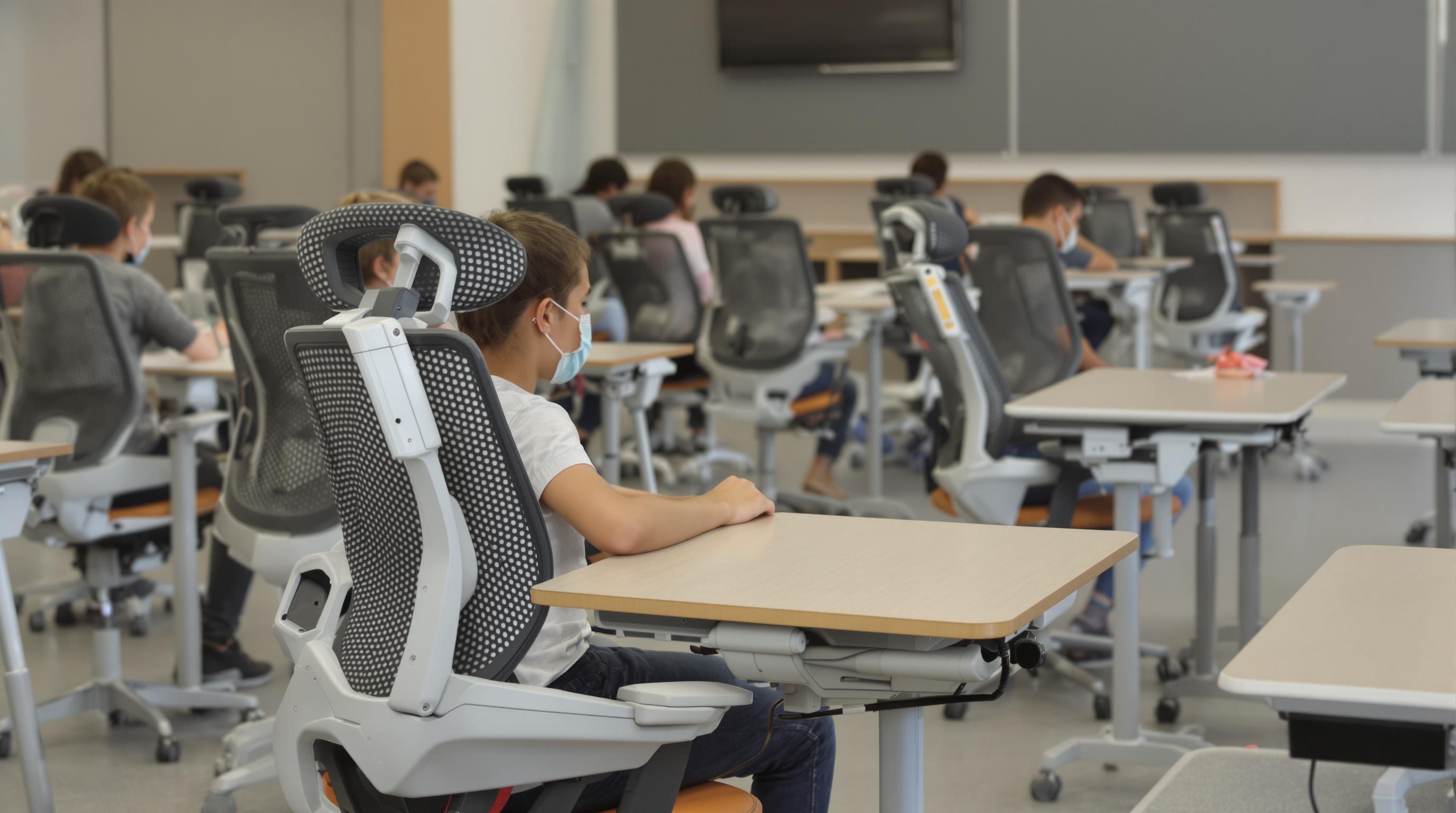 Students sitting at adjustable ergonomic desks and chairs demonstrating proper posture in a modern classroom