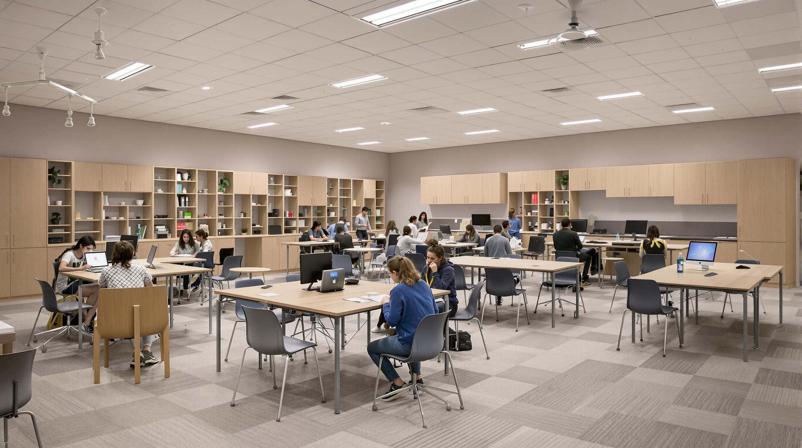Flexible classroom showing students at movable desks arranged for both individual work and group collaboration