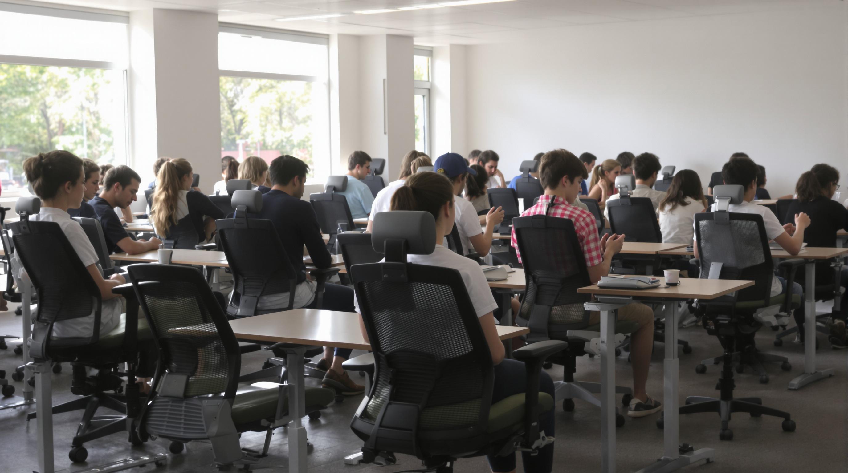 Students in a classroom, most sitting comfortably at ergonomic desks, a few fidgeting in outdated chairs