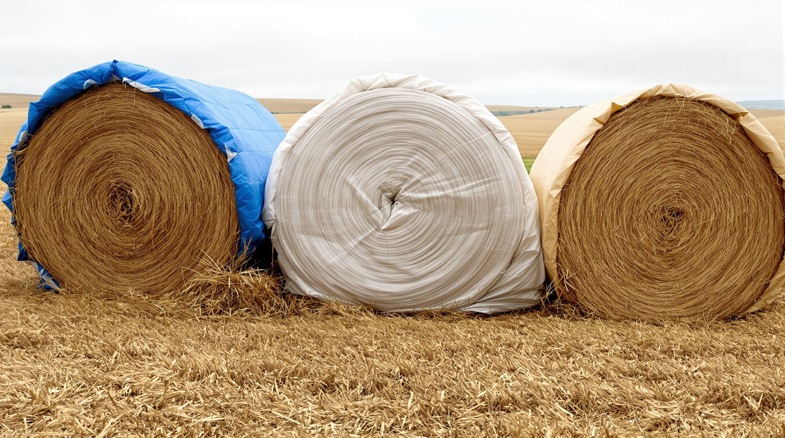 Realistic photo of three hay stacks on a farm, each covered with a different material: tarp, plastic, and canvas
