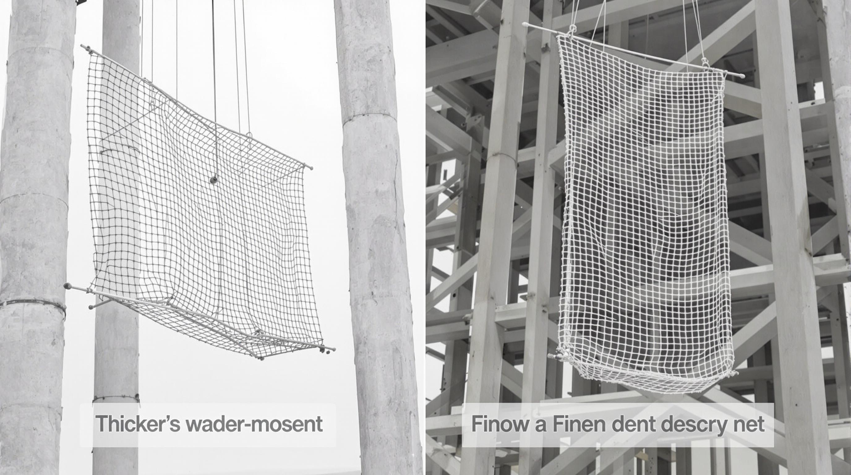 Side-by-side view of personnel safety net with large mesh and debris containment net with smaller mesh in a high-rise construction setting.