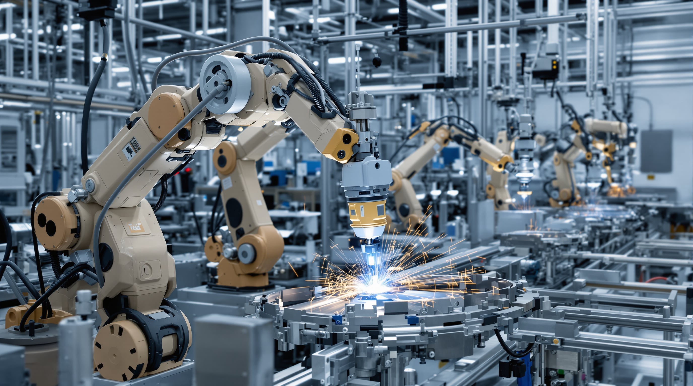 Robotic laser welding arms assembling metal parts on a smart automated factory floor