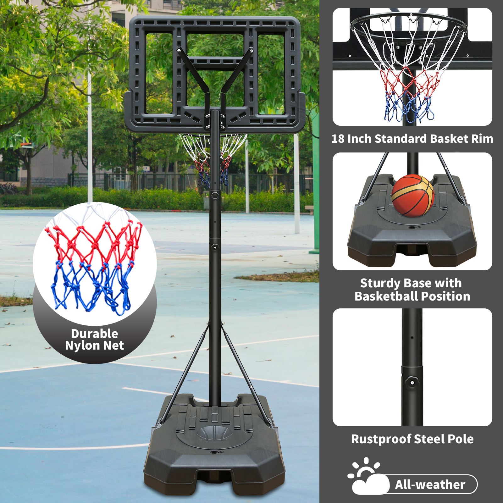 IUNNDS Youth Height Adjustable Basketball Hoop Outdoor, Basketball Goal With 44'' Backboard Portable Basketball Goal System details
