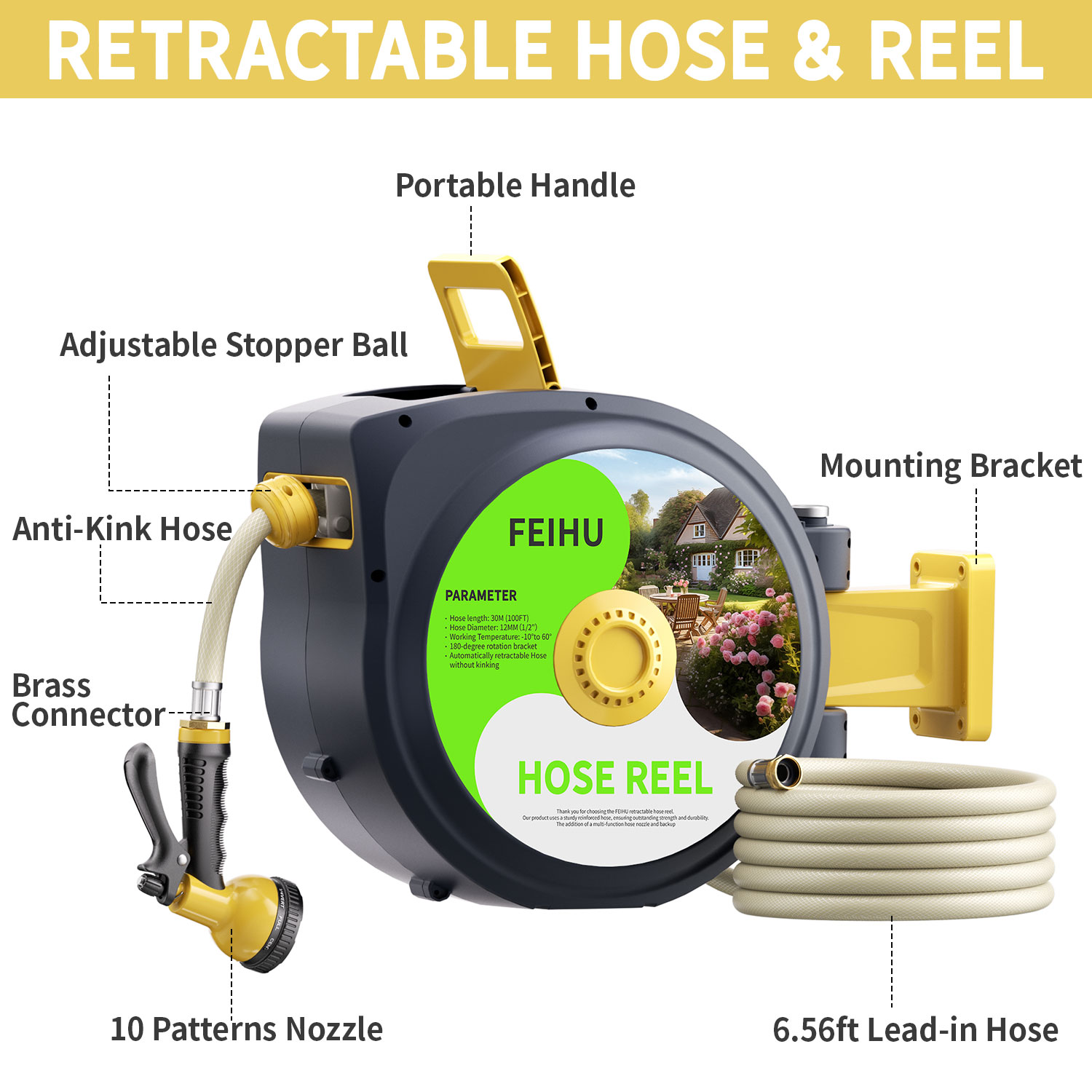 FEIHU Wholesale Portable 100FT Water Hose Reel With Reel Set Car Washing Garden Pipe Wall Water Hose Reel manufacture