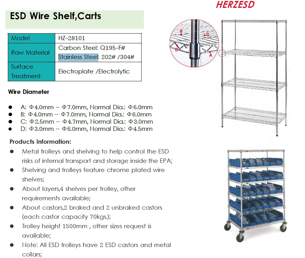 Height 1500mm ESD Storage Shelves / Handle Carts Three Layers Each Castor Capacity 70kgs details