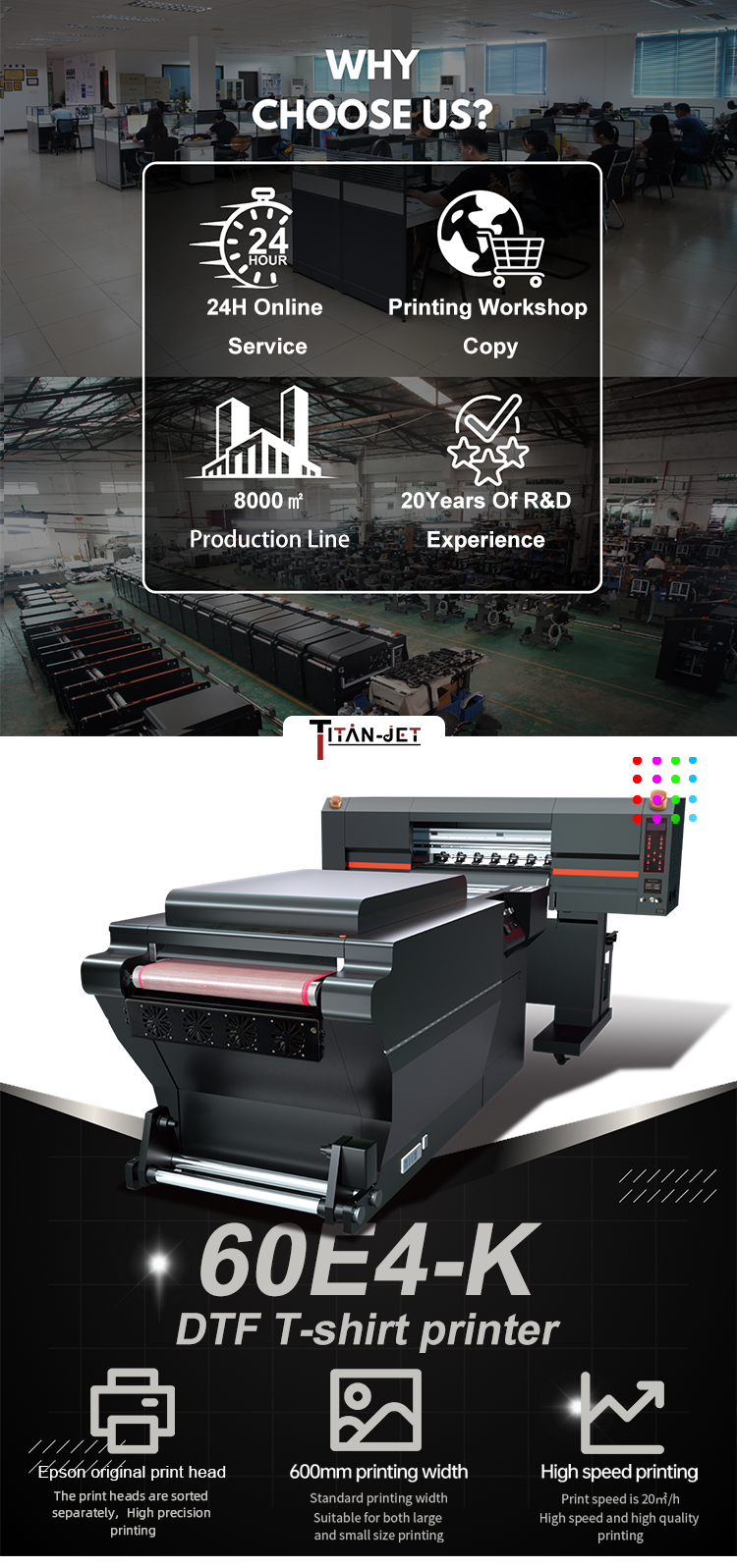 Titanjet Popular Digital DTF Pet Film Printer T Shirt Textile Printing Machine DTF Printer 60cm With Four I3200 Printheads details