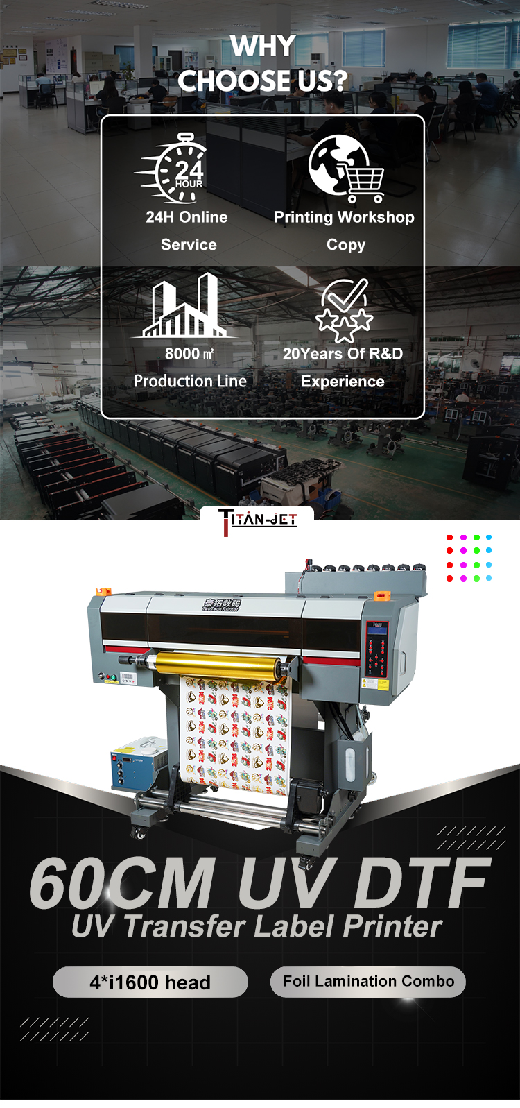 Titanjet UV Printer DTF With Two Printing Technologies Equipped With Four Epson Printing Heads Used for Various Packaging Labels supplier