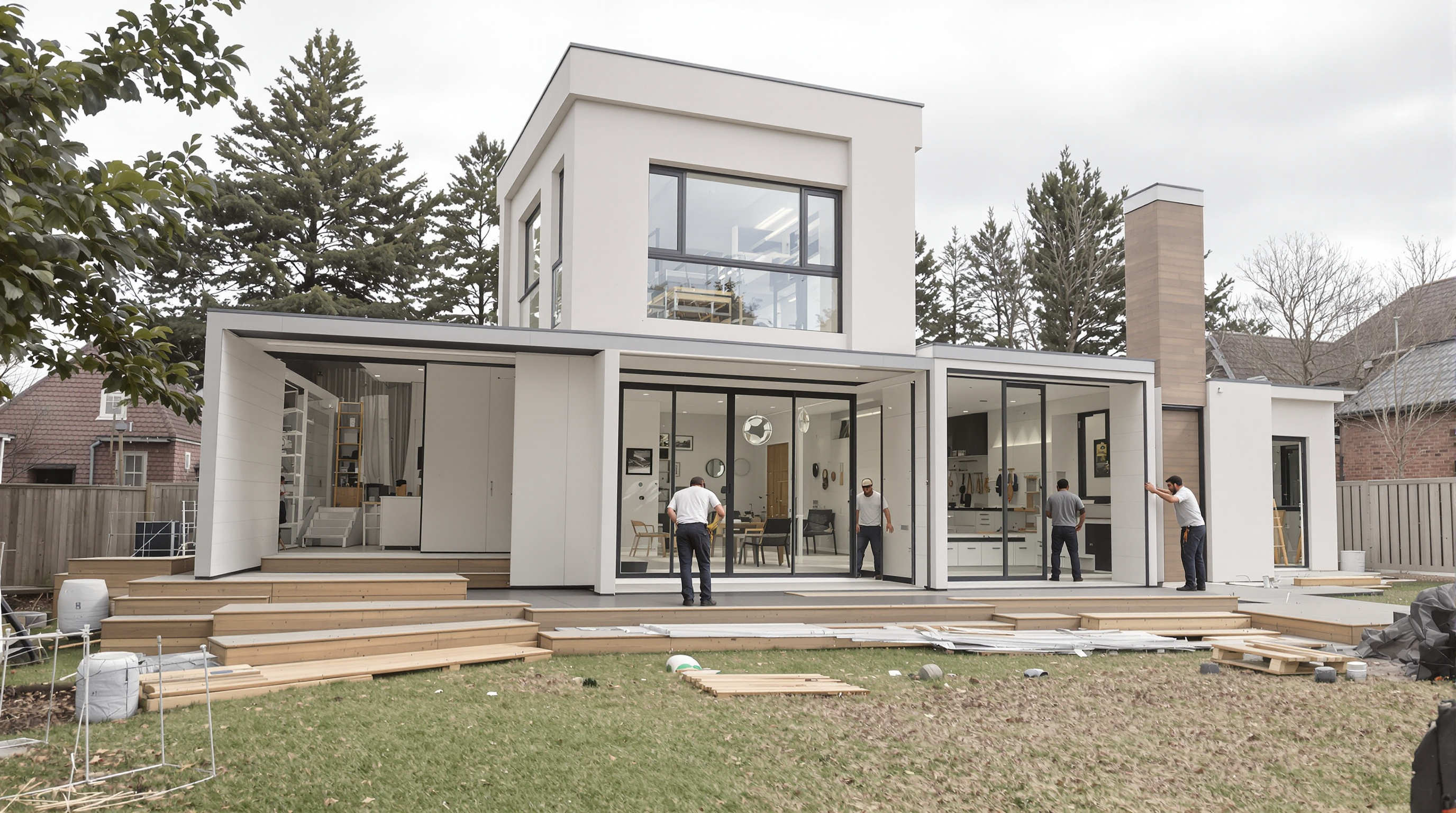 A modern prefab house with modular sections being added in a suburban setting