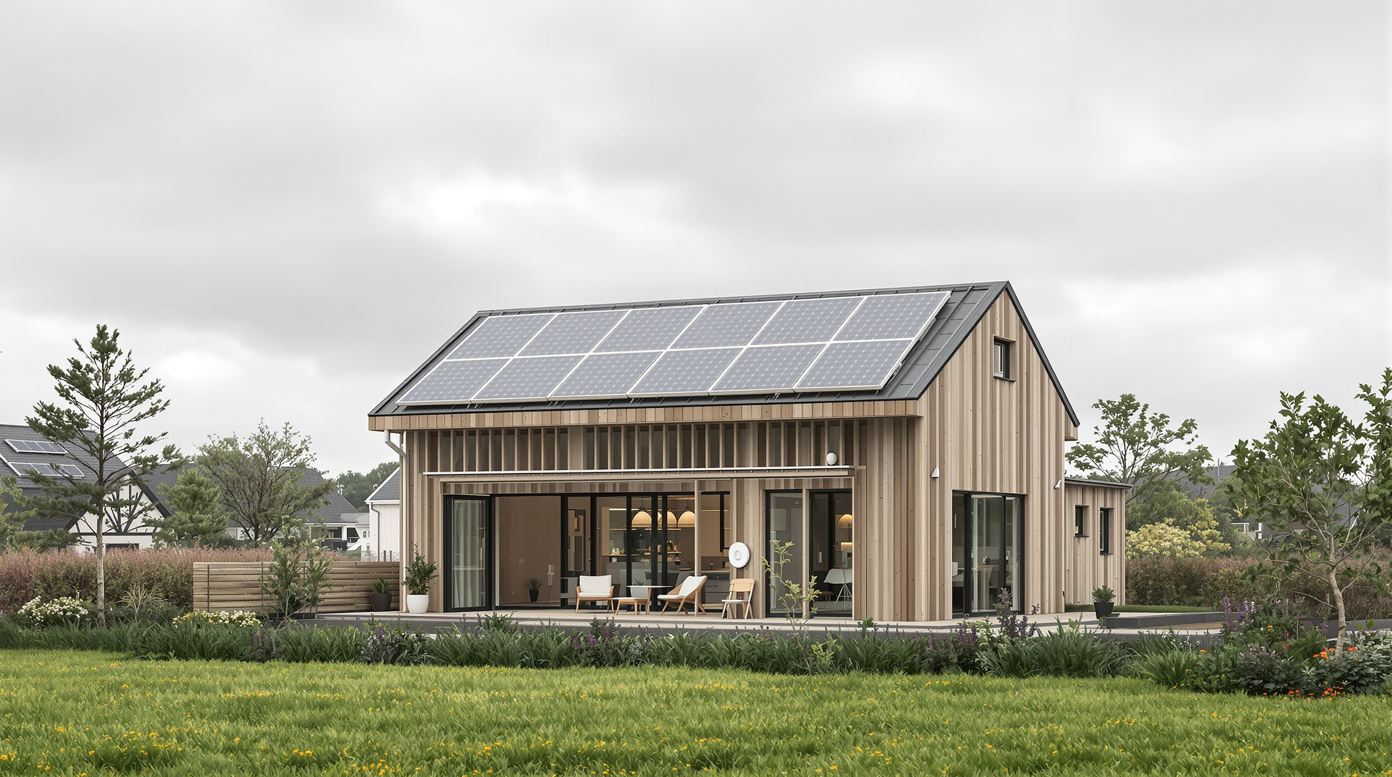 A smart, sustainable prefab house with solar panels, eco-friendly materials, and visible IoT sensors