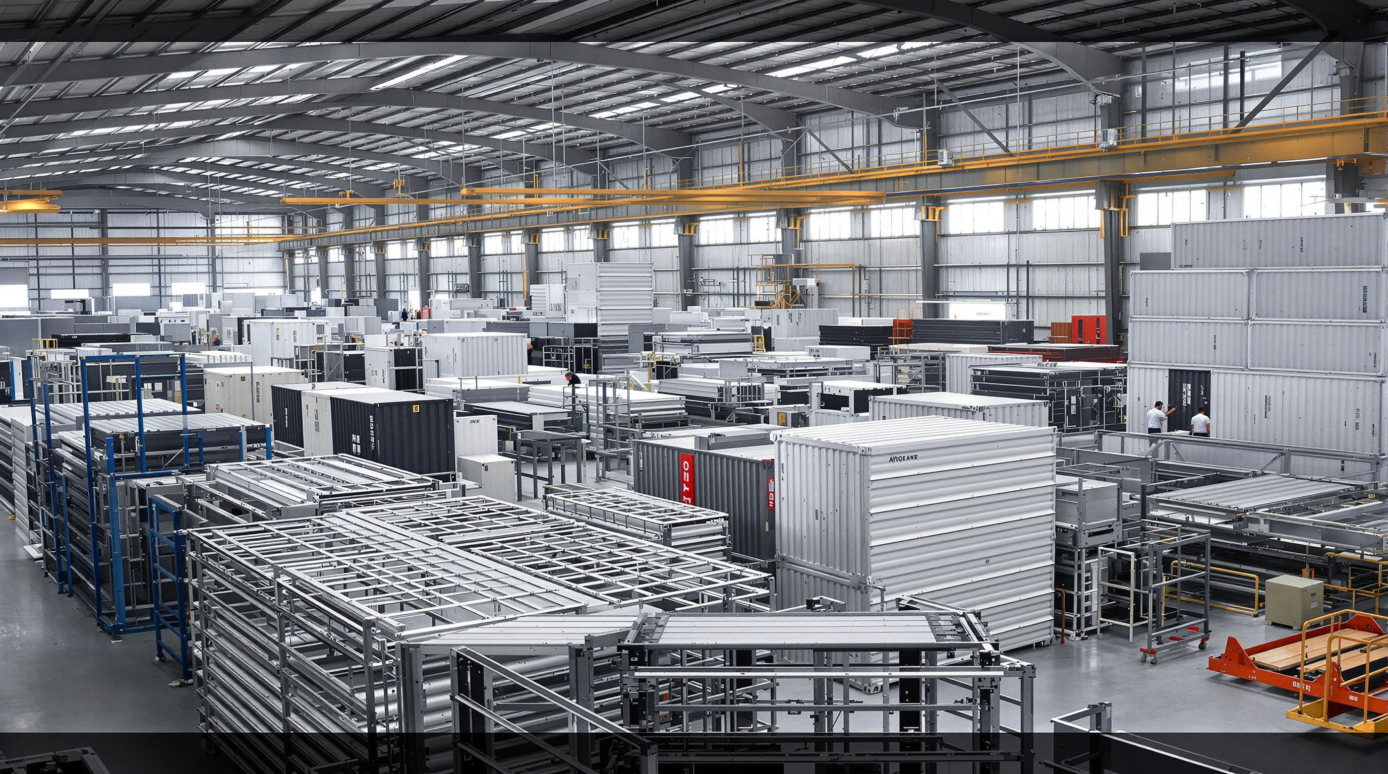A factory interior with modular steel container house components and workers conducting inspections