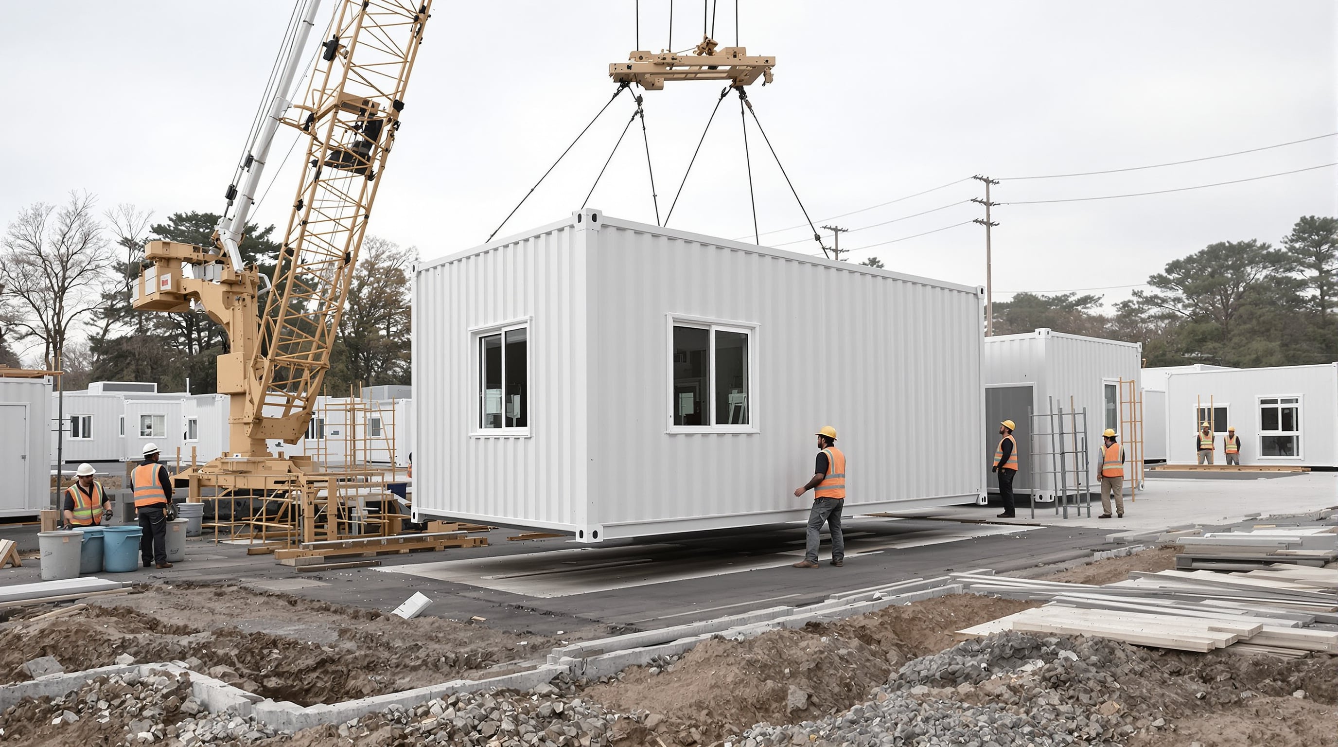 Prefabricated container modules being crane-assembled on a construction site with workers