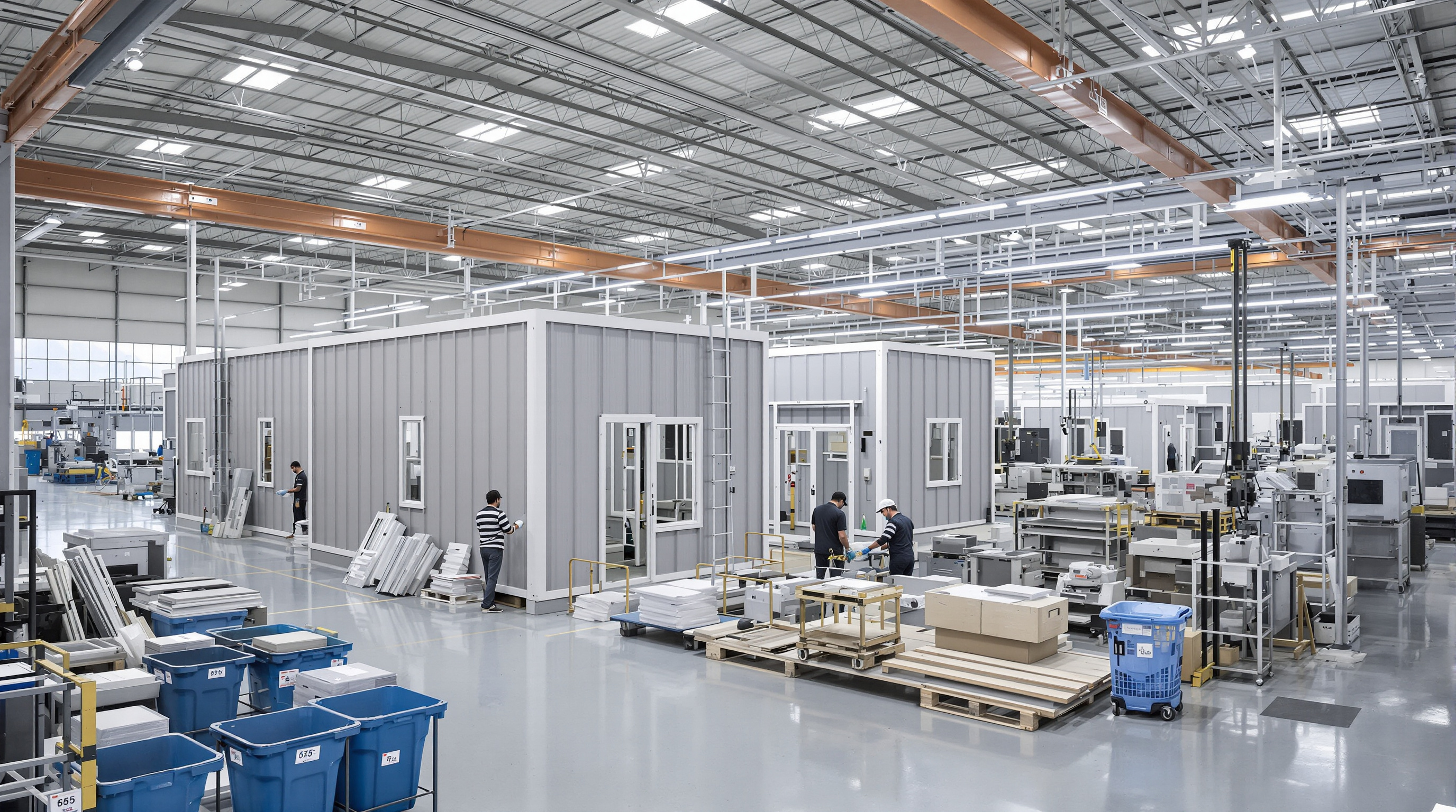 Workers and automated equipment assembling modular prefab home sections in a clean factory