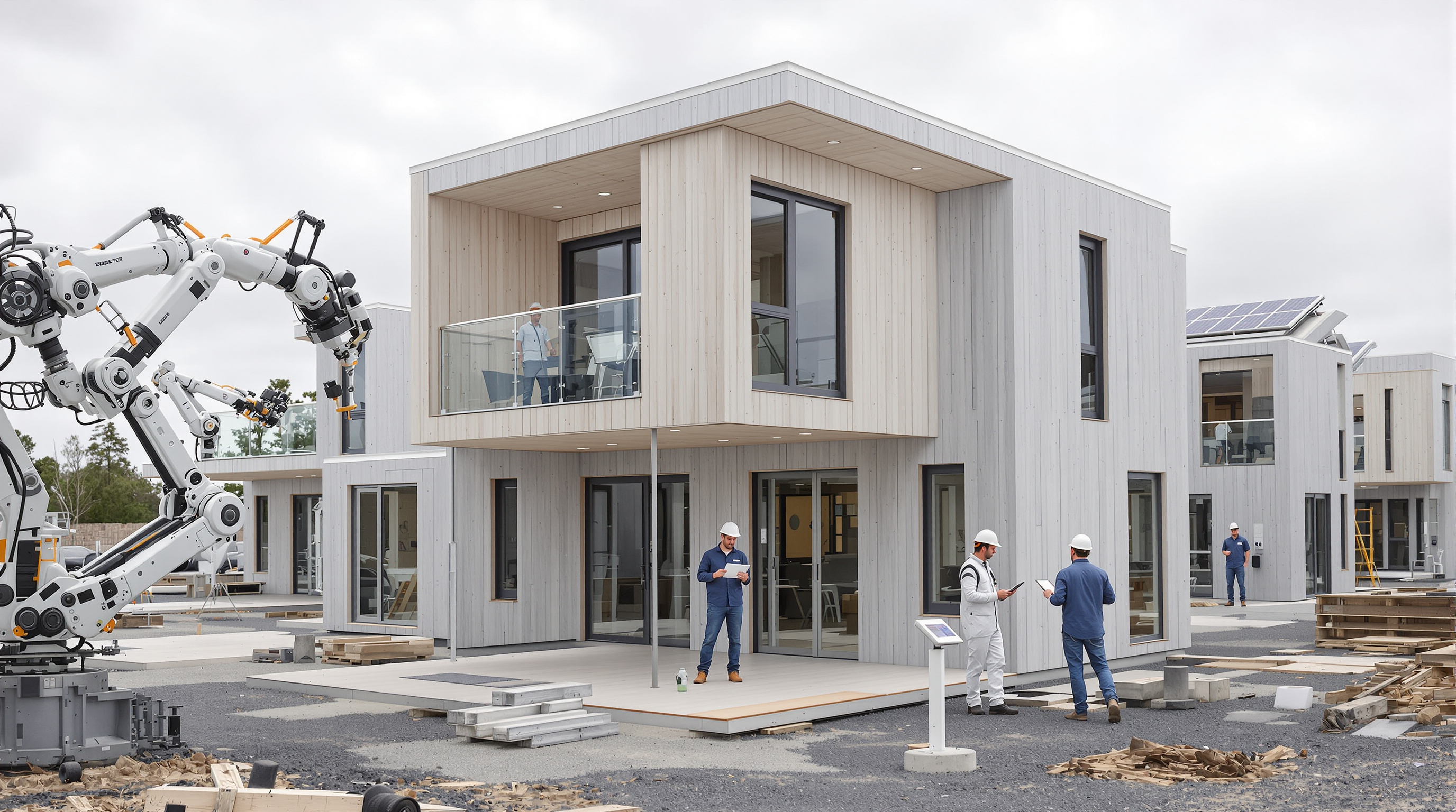 Robots and engineers building advanced prefab houses with solar rooftops at a high-tech construction site