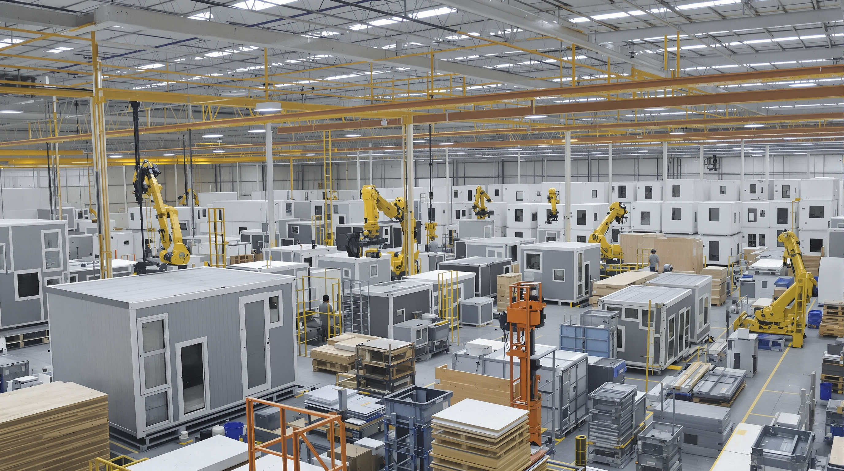 Factory scene with workers and robots assembling prefabricated housing modules