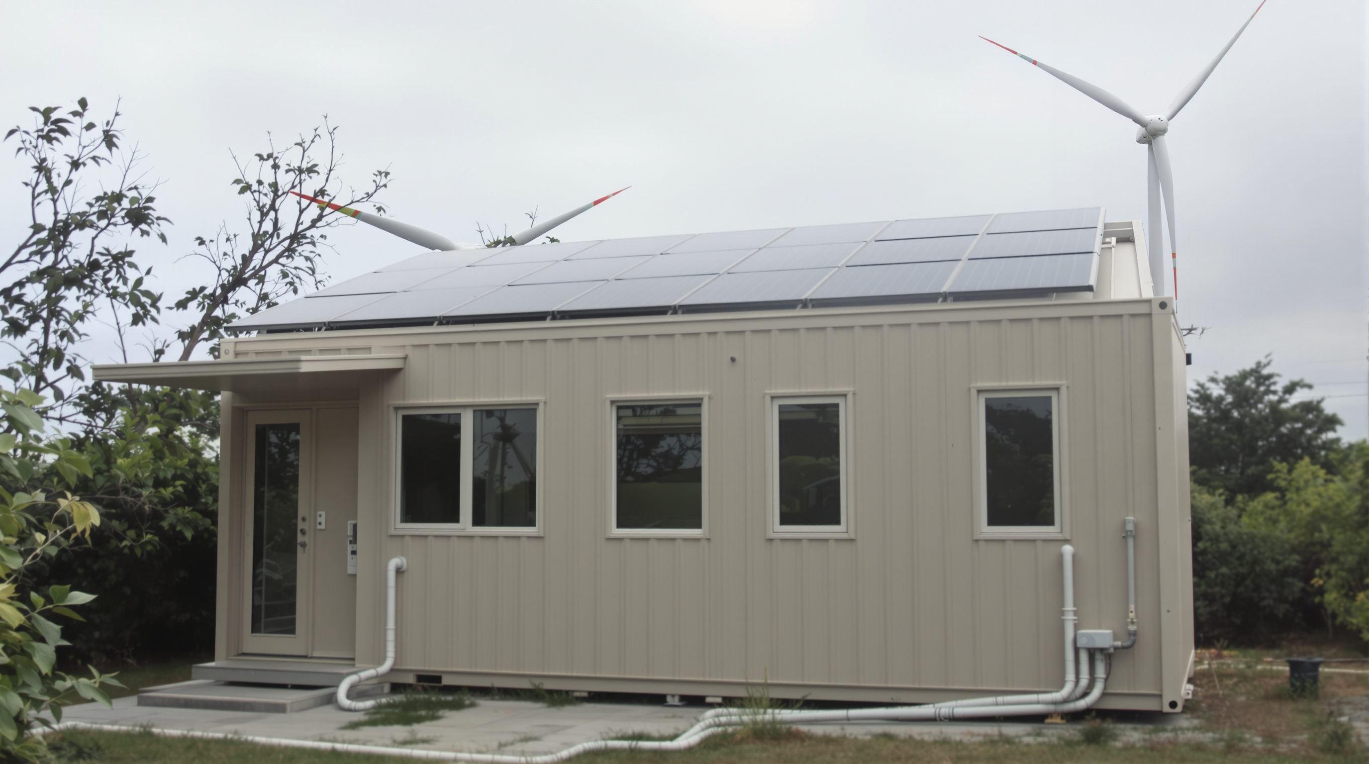 Photorealistic image of a sustainable folding container house equipped with solar panels, wind turbine, and geothermal system