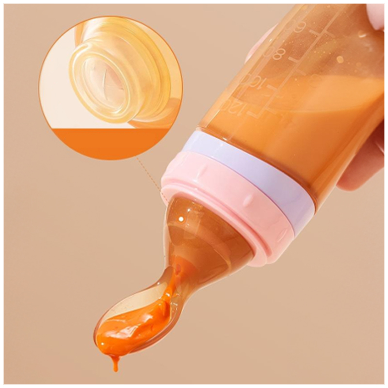 Hot Selling 120ml BPA Free Baby Silicone Squeeze Food Feeding Bottle with Spoon Infant Rice Cereal Feeder Baby Feeding Products factory