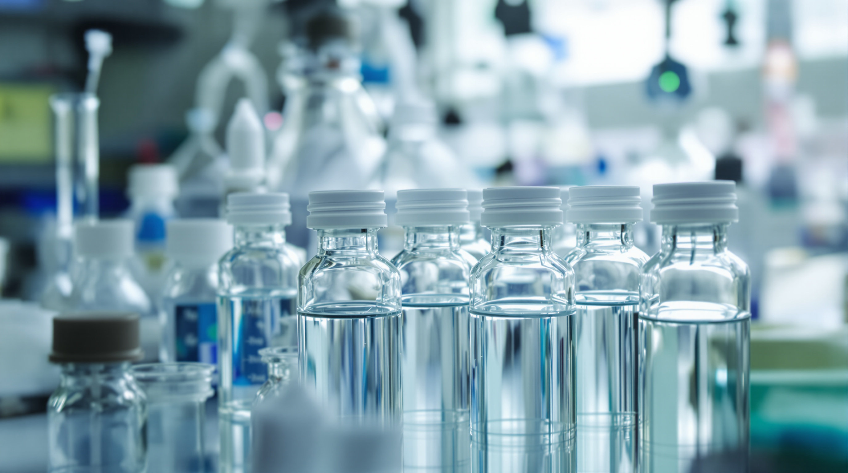 Sealed glass ampoules with lab pipettes and containers illustrating ampoule freshness and scientific stability.