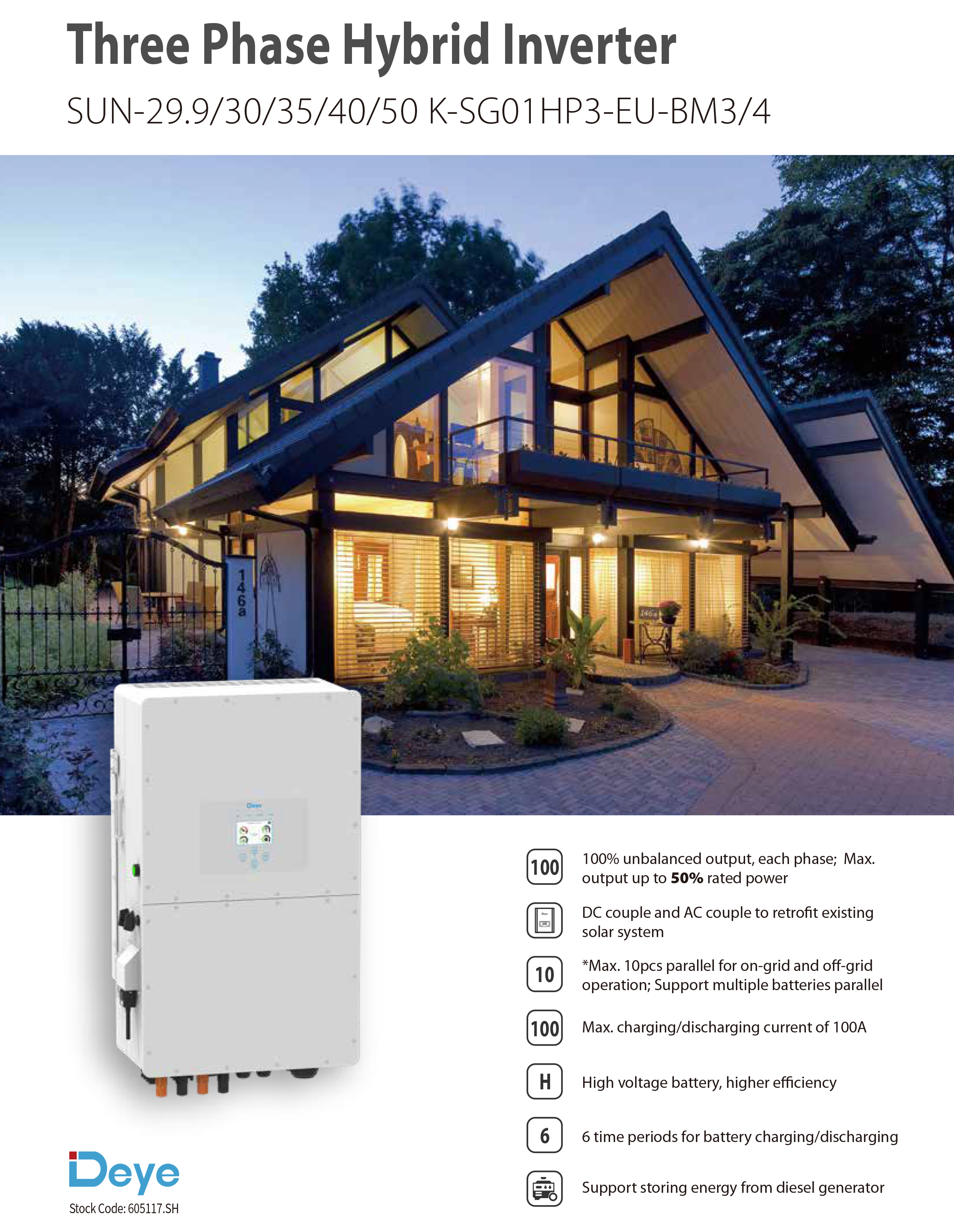 Deye on grid and off grid inverter SUN 29.9/30/35/40/50K-SG01HP3-EU-BM2/3/4 supplier