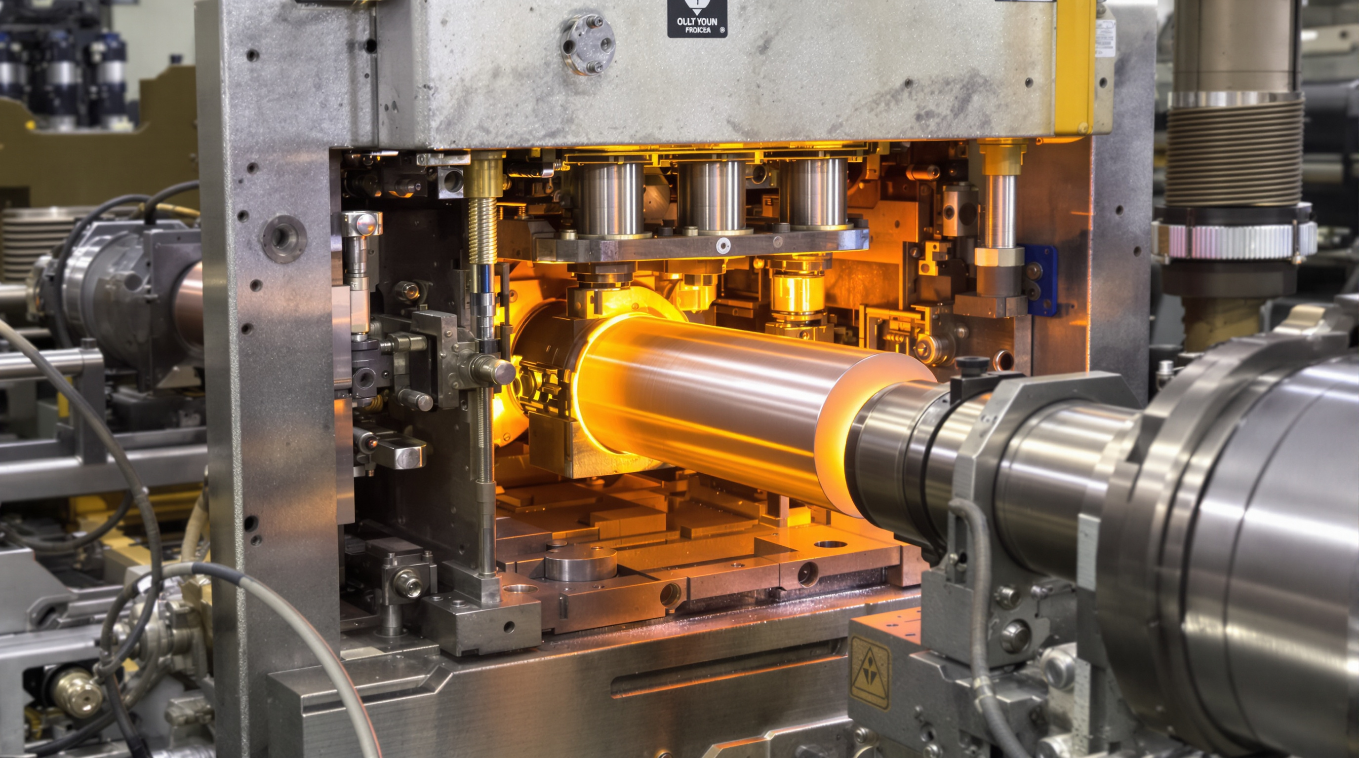 Industrial extrusion press pushing a heated aluminium billet through a die to form a profile