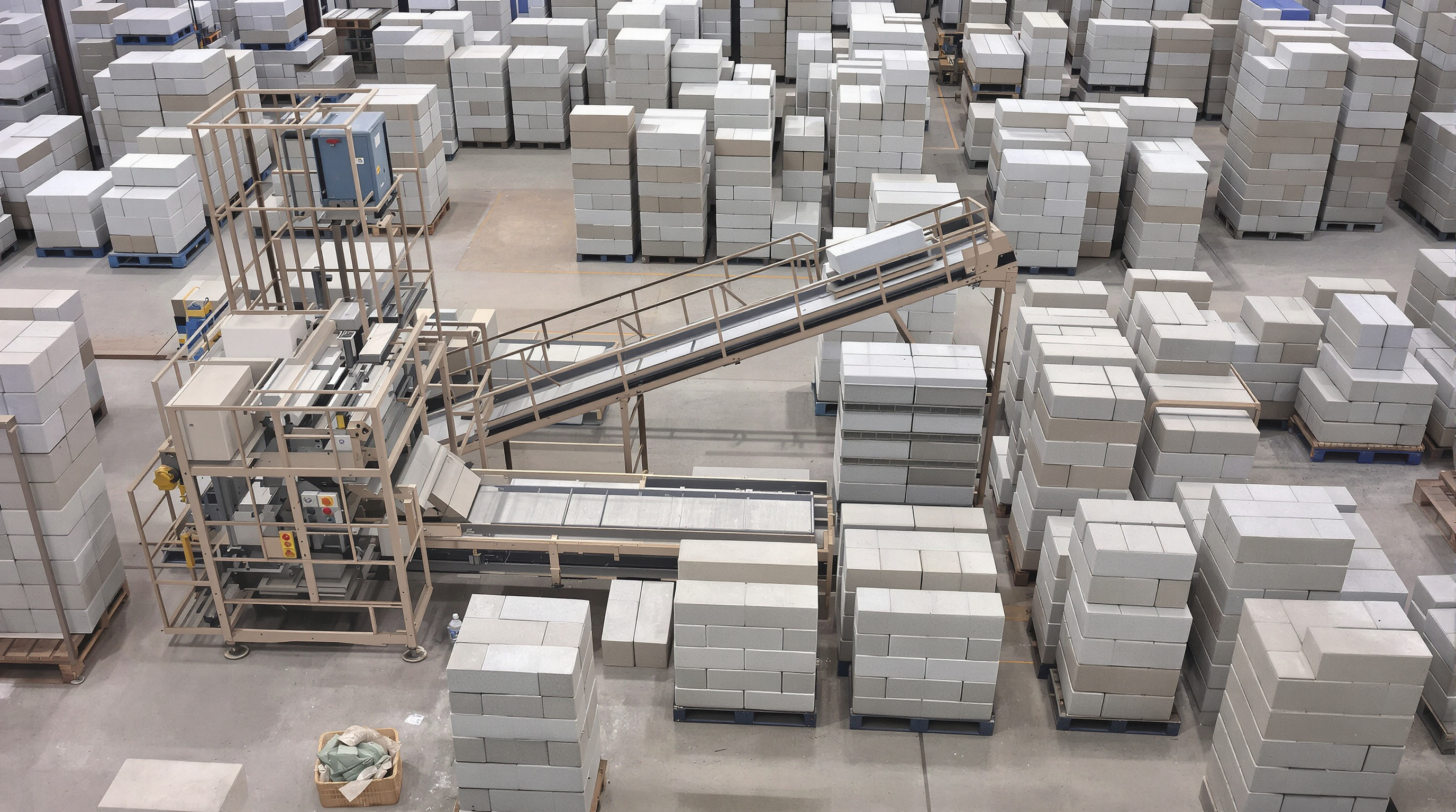 Photorealistic image comparing a mobile and stationary block machine in operation, showing differing block output rates in an industrial facility.