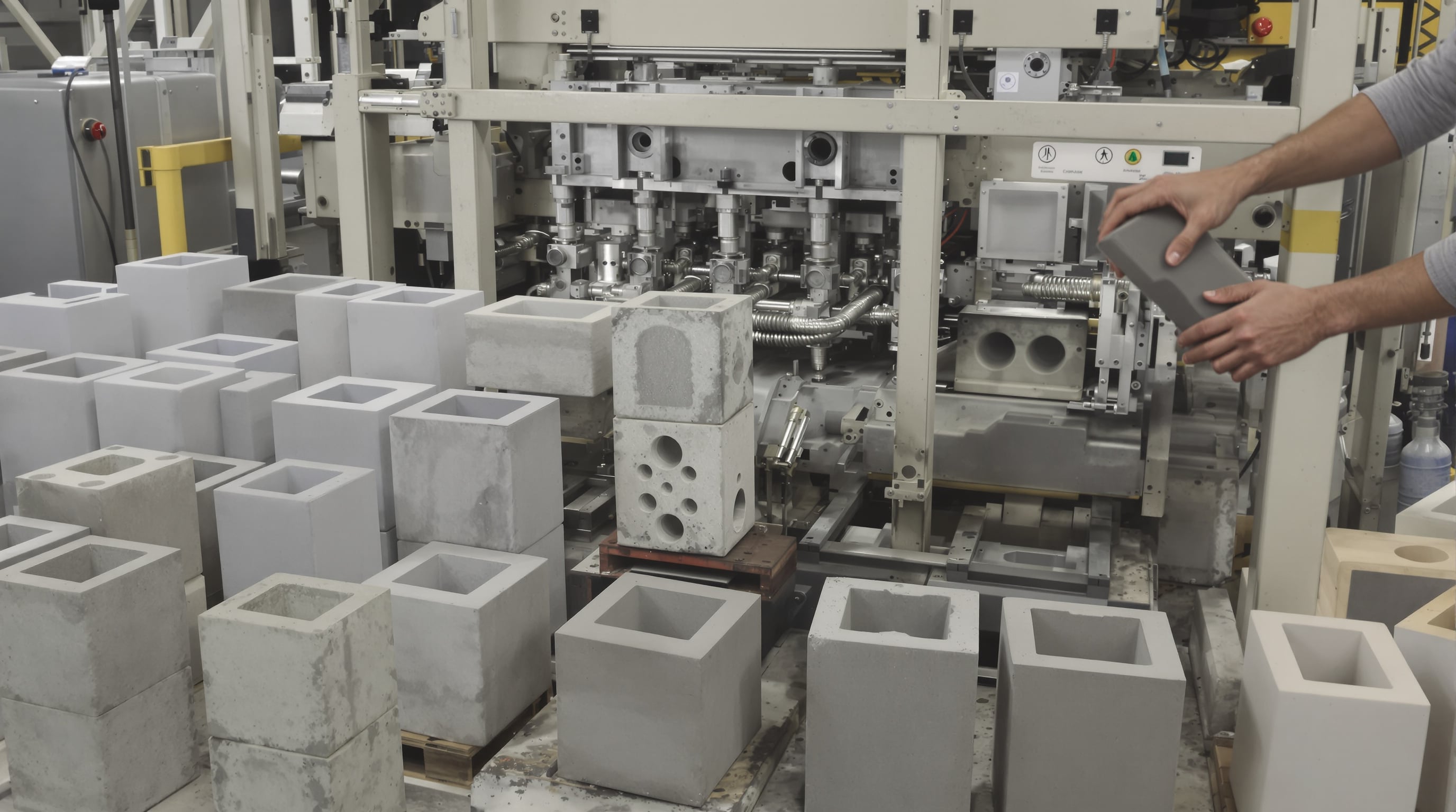 Worker changing molds on a mobile machine with different custom concrete blocks nearby