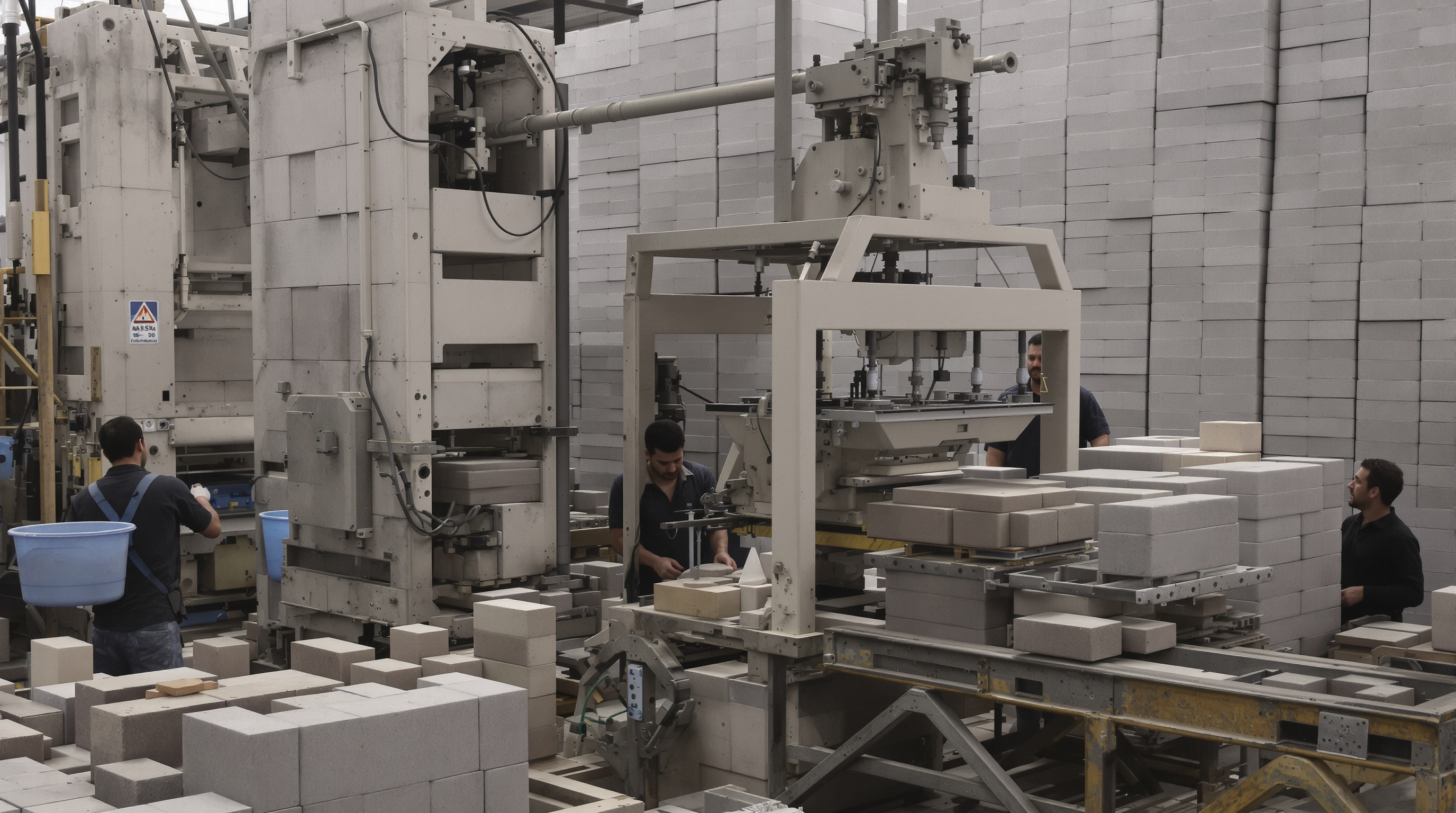 Semi automatic block-making machine and manual production station side-by-side, illustrating difference in efficiency and output