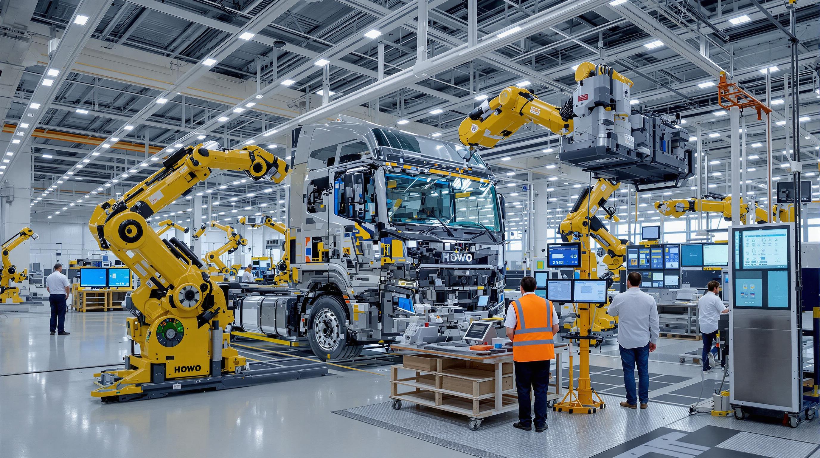 Engineers and robotic arms assemble Howo trucks in an advanced automated factory