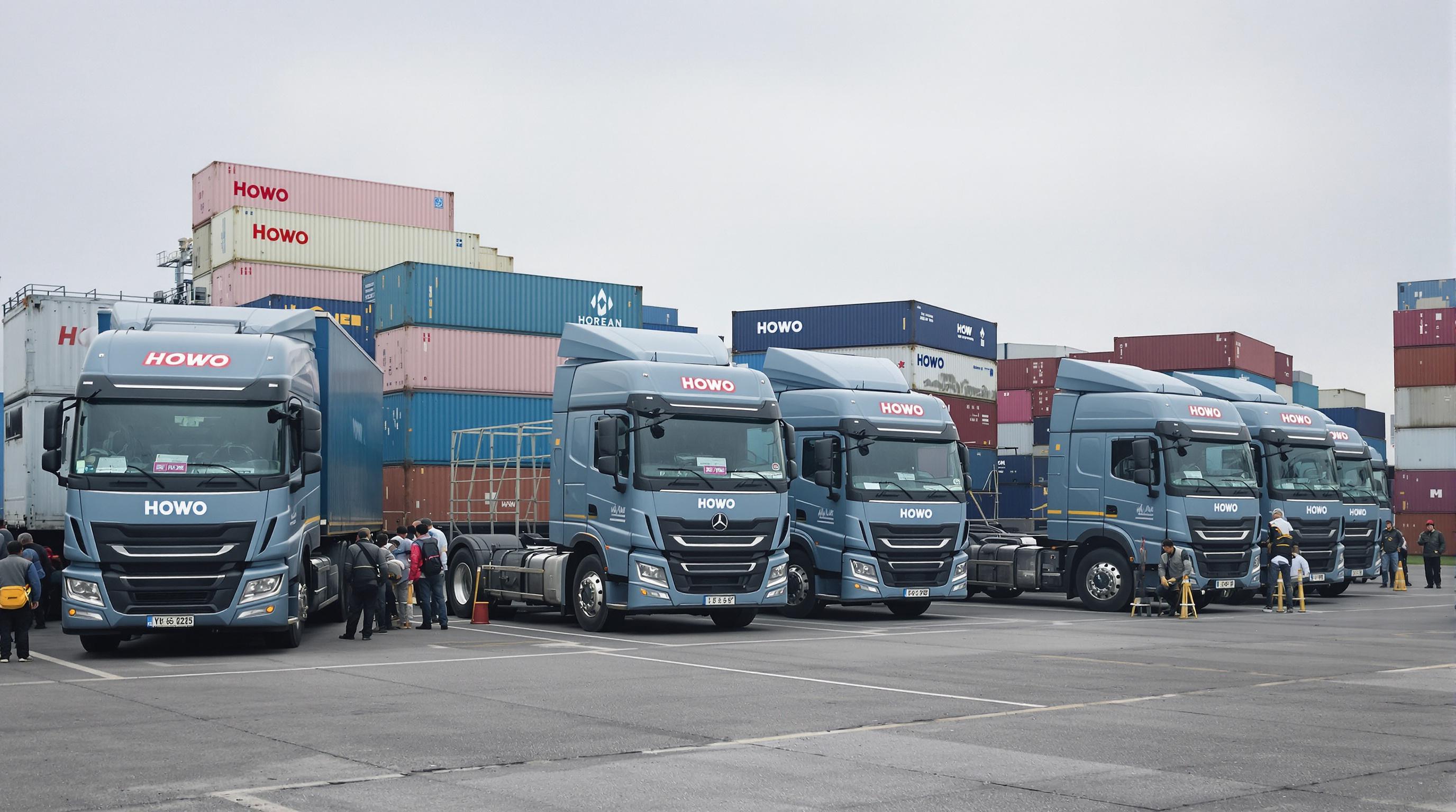 Howo trucks at an international port with workers and shipping containers