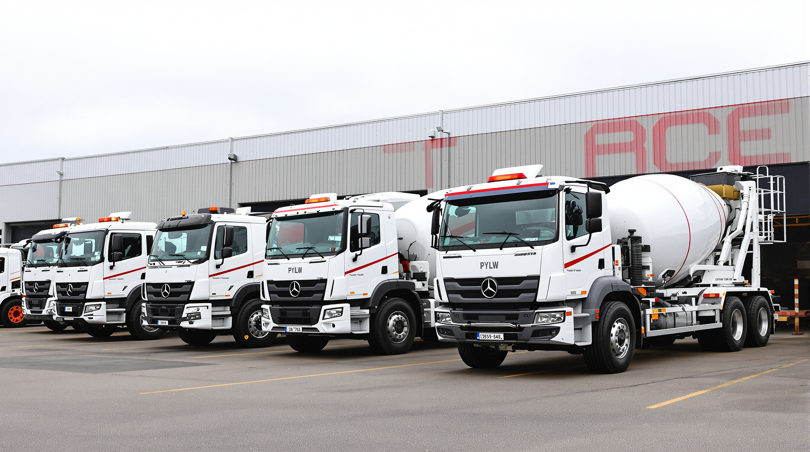 Different types of concrete mixer trucks parked side by side at a construction yard