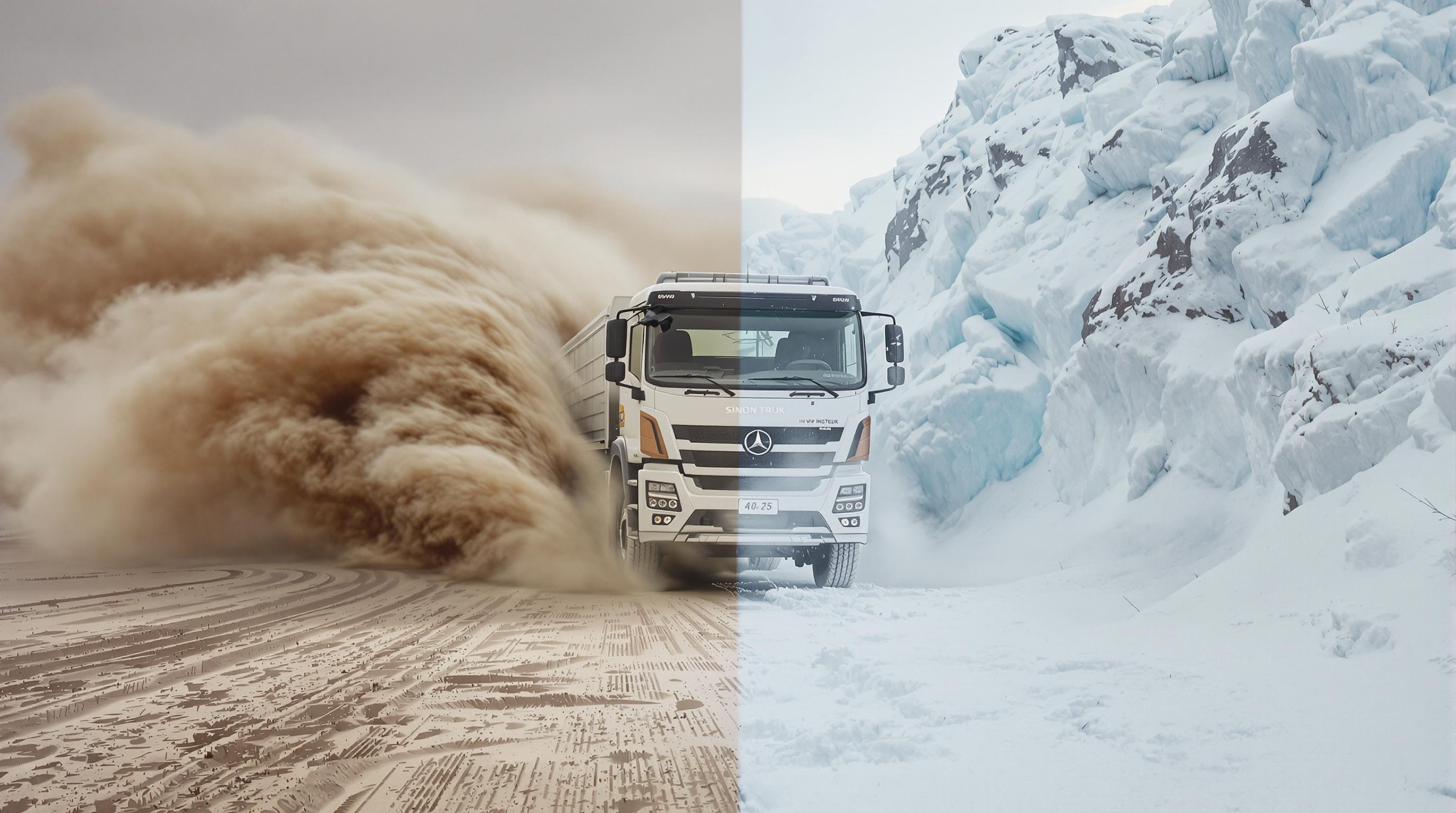 Howo Sinotruk truck in split extreme environments showing both desert and arctic resilience