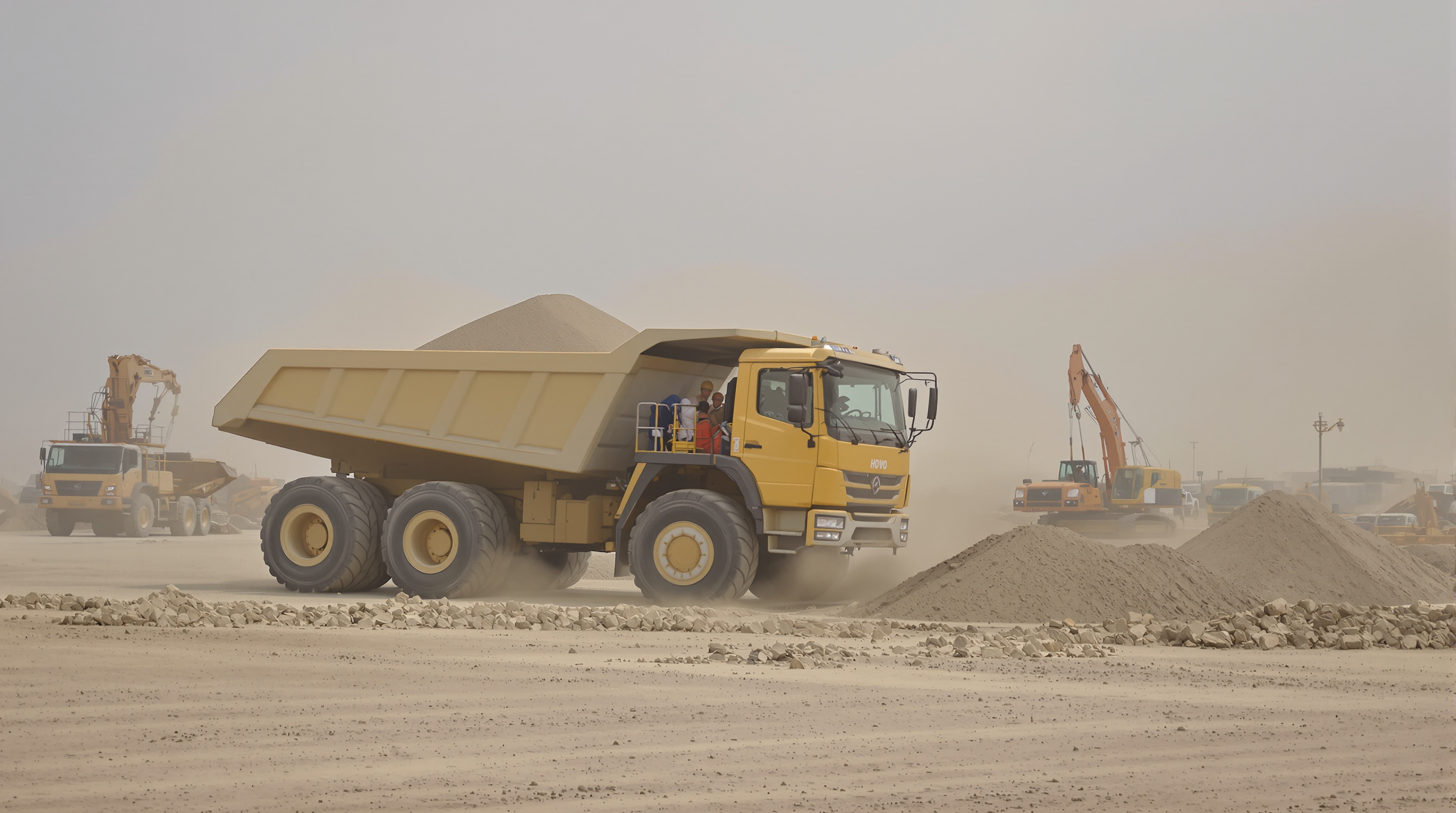 HOWO 12-wheel dump truck unloading gravel at a construction site, highlighting high payload and rapid unloading design.