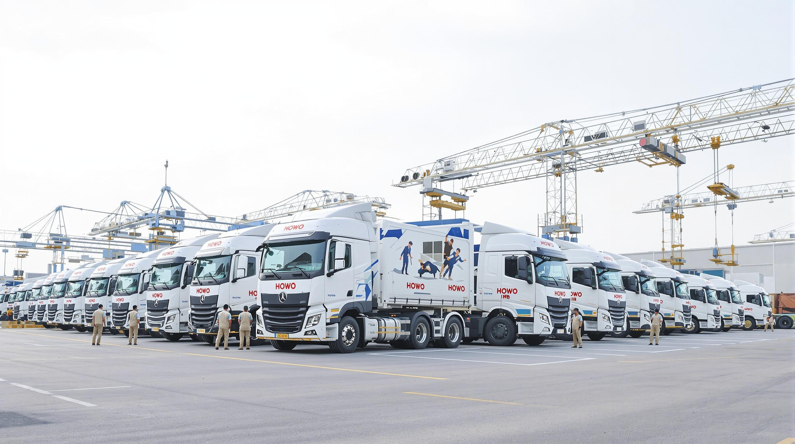 Modern Howo trucks in a logistics yard being loaded for export with workers supervising
