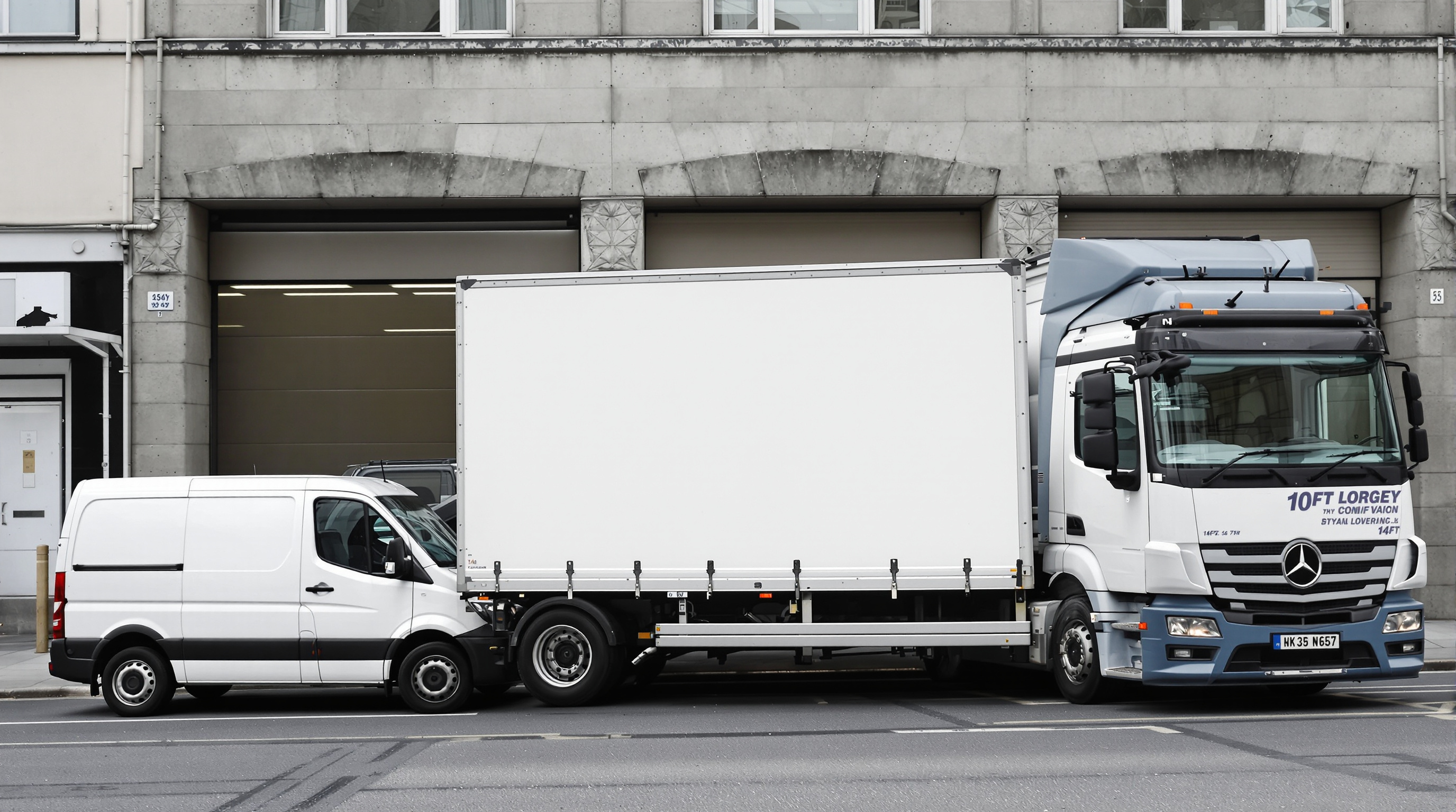 Fleet of light commercial vehicles showing a 10ft lorry between a smaller van and a larger truck in an urban loading area.